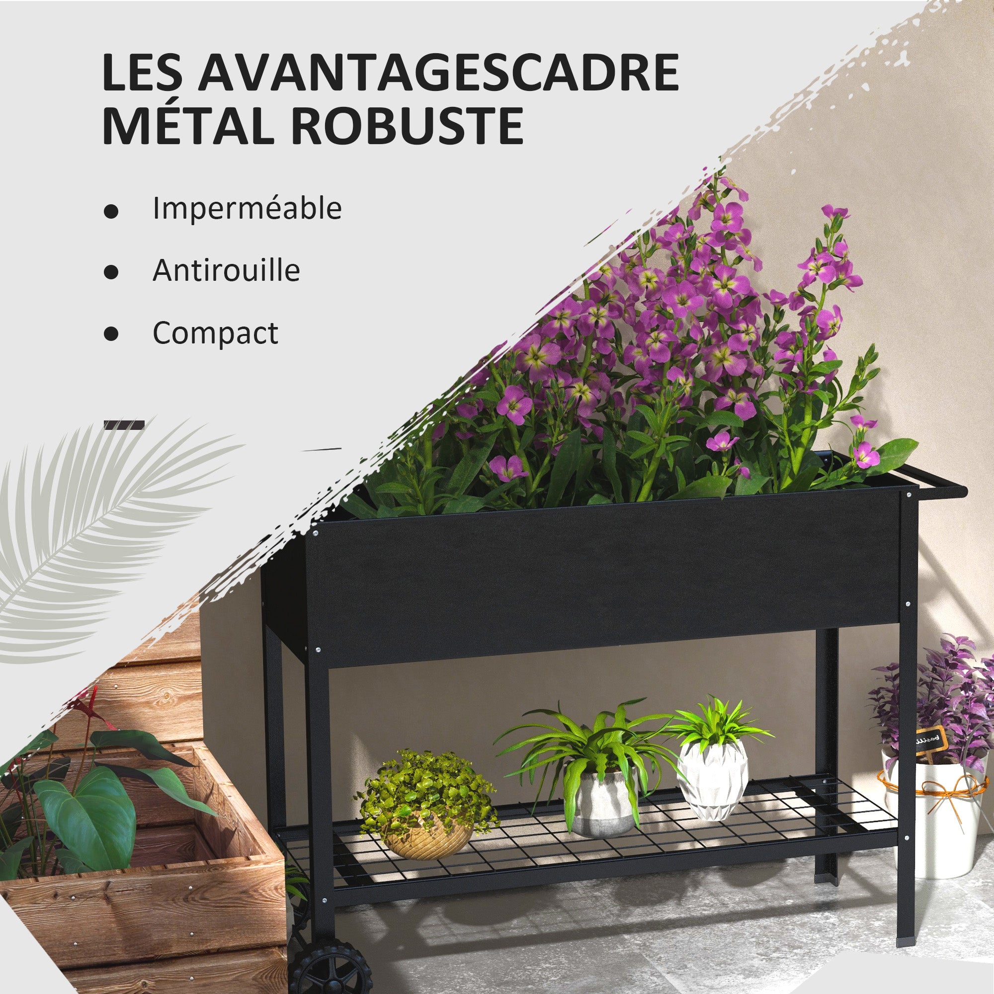 Metal Planting Tray with Stand and Shelf 104L x 39W x 80H cm 2 Wheels + Irrigation Insert Black