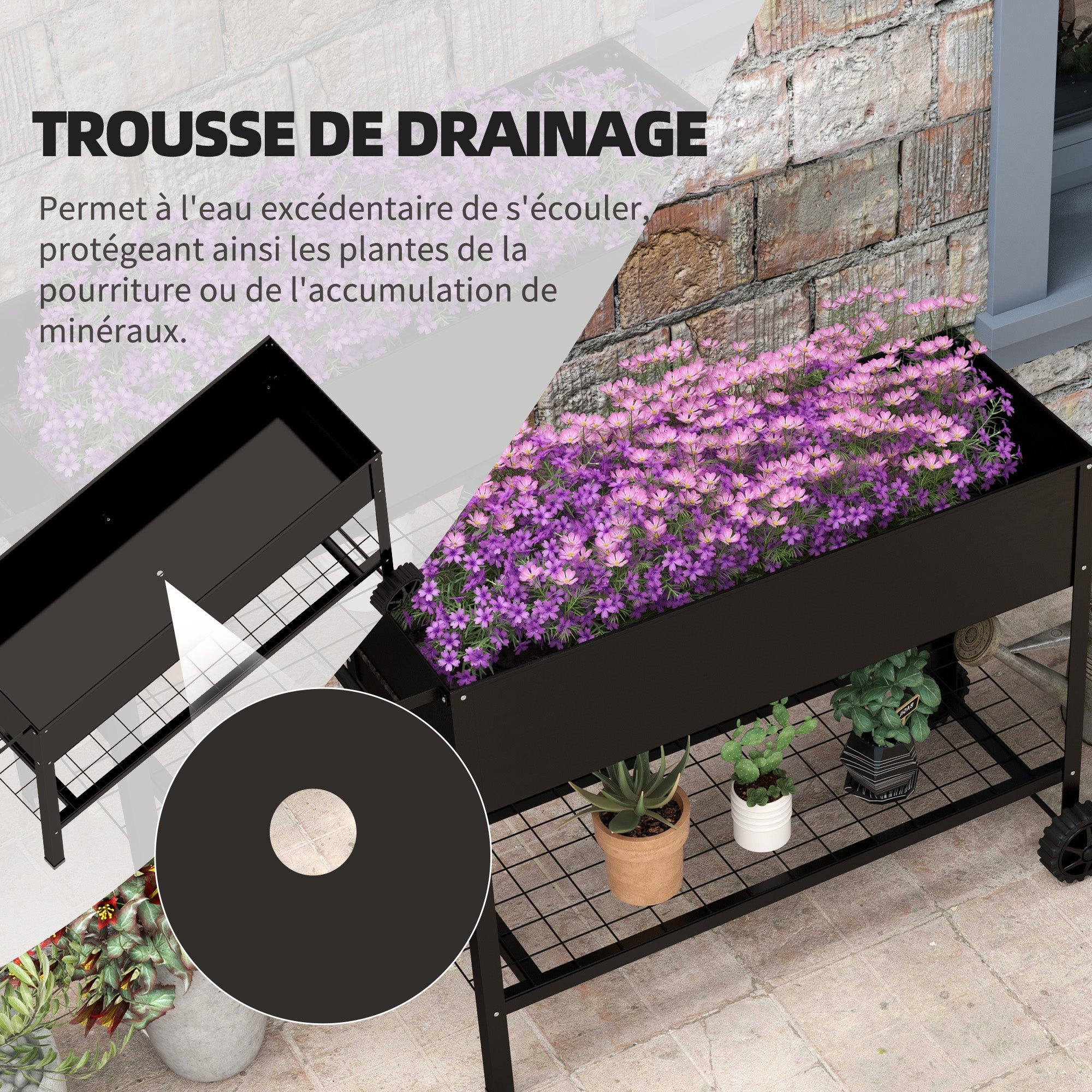 Metal Planting Tray with Stand and Shelf 104L x 39W x 80H cm 2 Wheels + Irrigation Insert Black