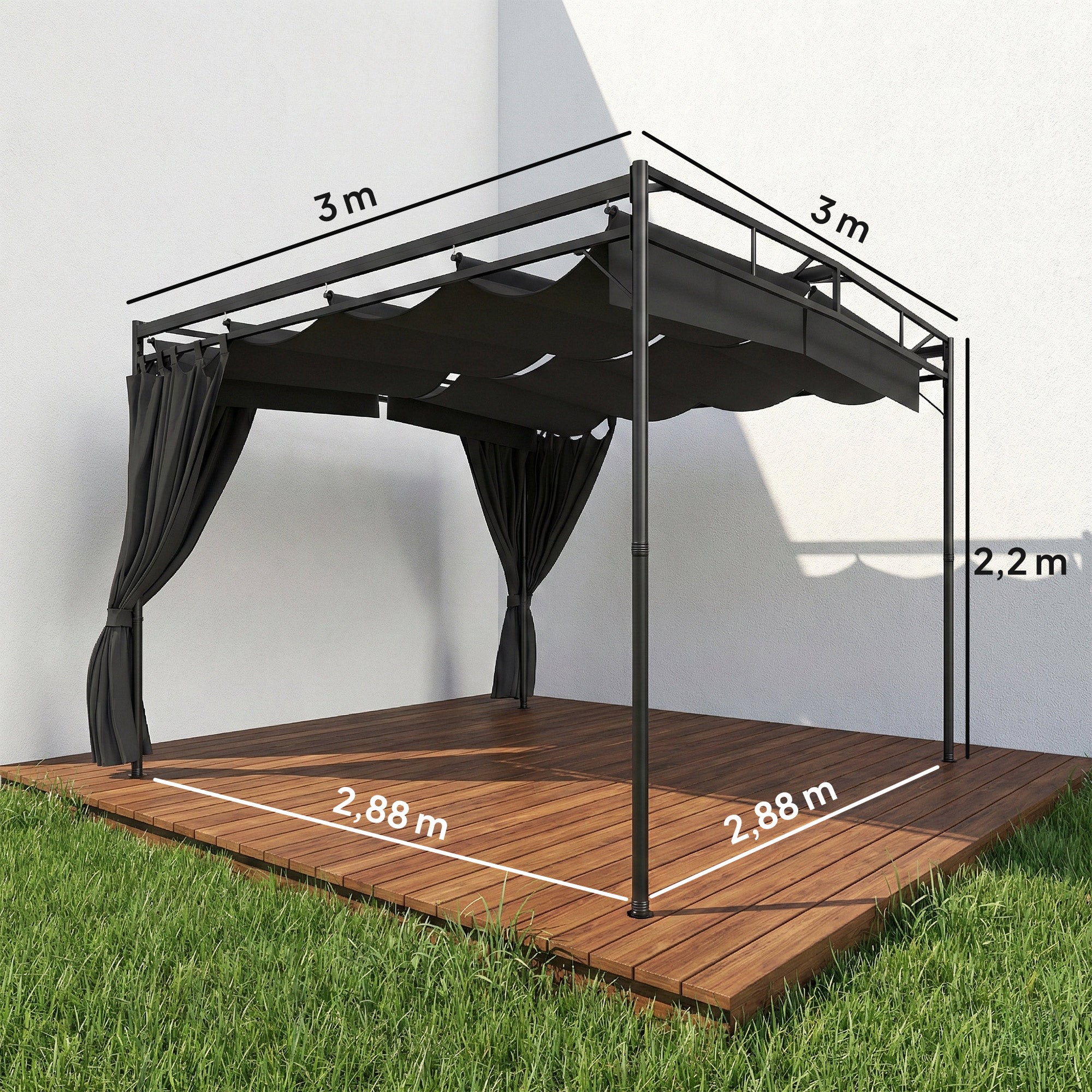 Pergola Gazebo 3 x 3 m (10 x 10 ft) — Water-Resistant Retractable Canopy with Curtains, Freestanding Garden Pavilion, Stable Patio Cover, Dark Gray