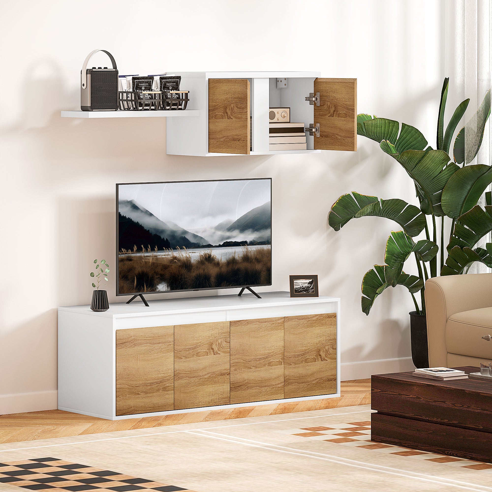 TV Stand and Wall Cabinet Set with 7 Shelves and Open Shelf, Particle Board TV Stand, 120x41x43.3 cm, White and Wood Color