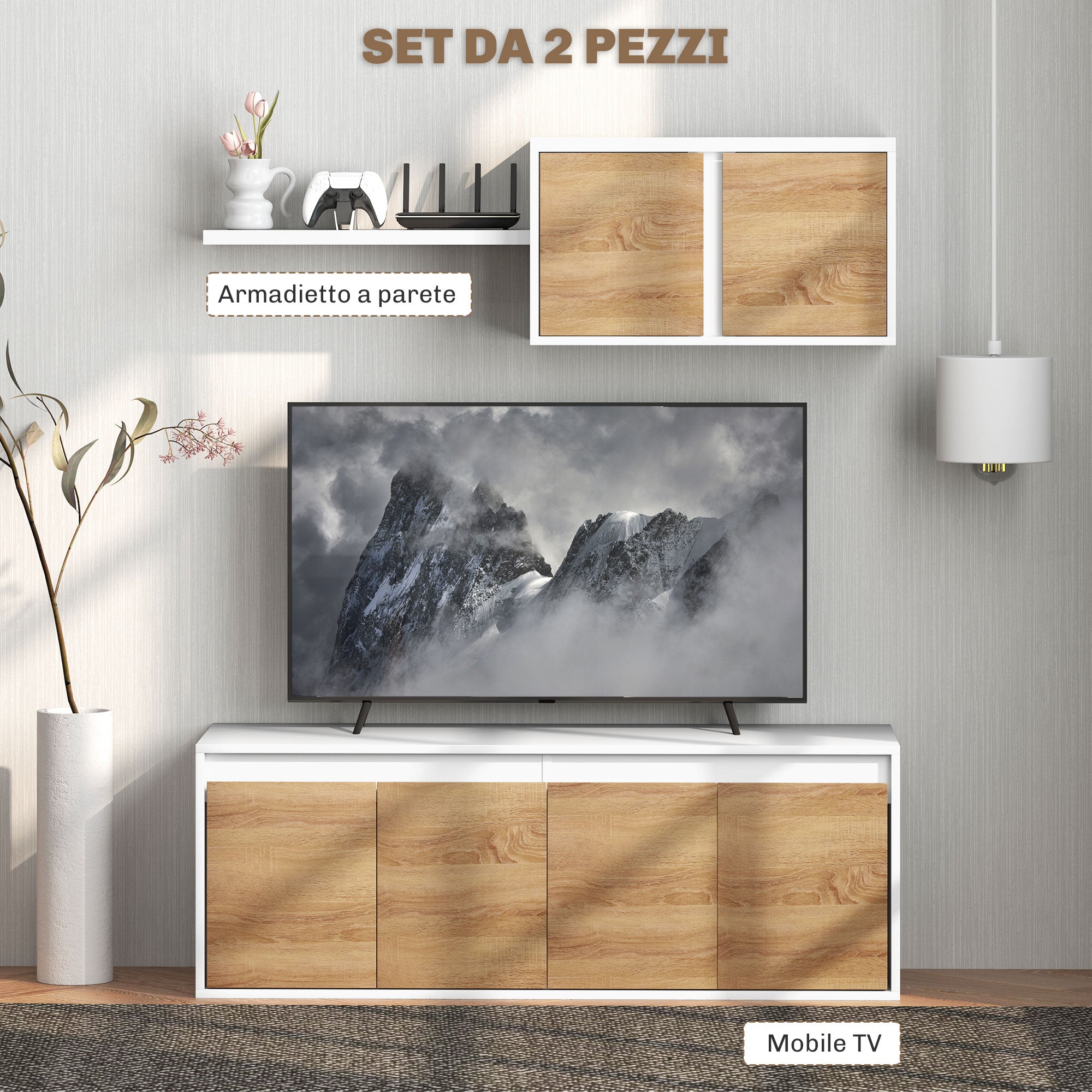 TV Stand and Wall Cabinet Set with 7 Shelves and Open Shelf, Particle Board TV Stand, 120x41x43.3 cm, White and Wood Color
