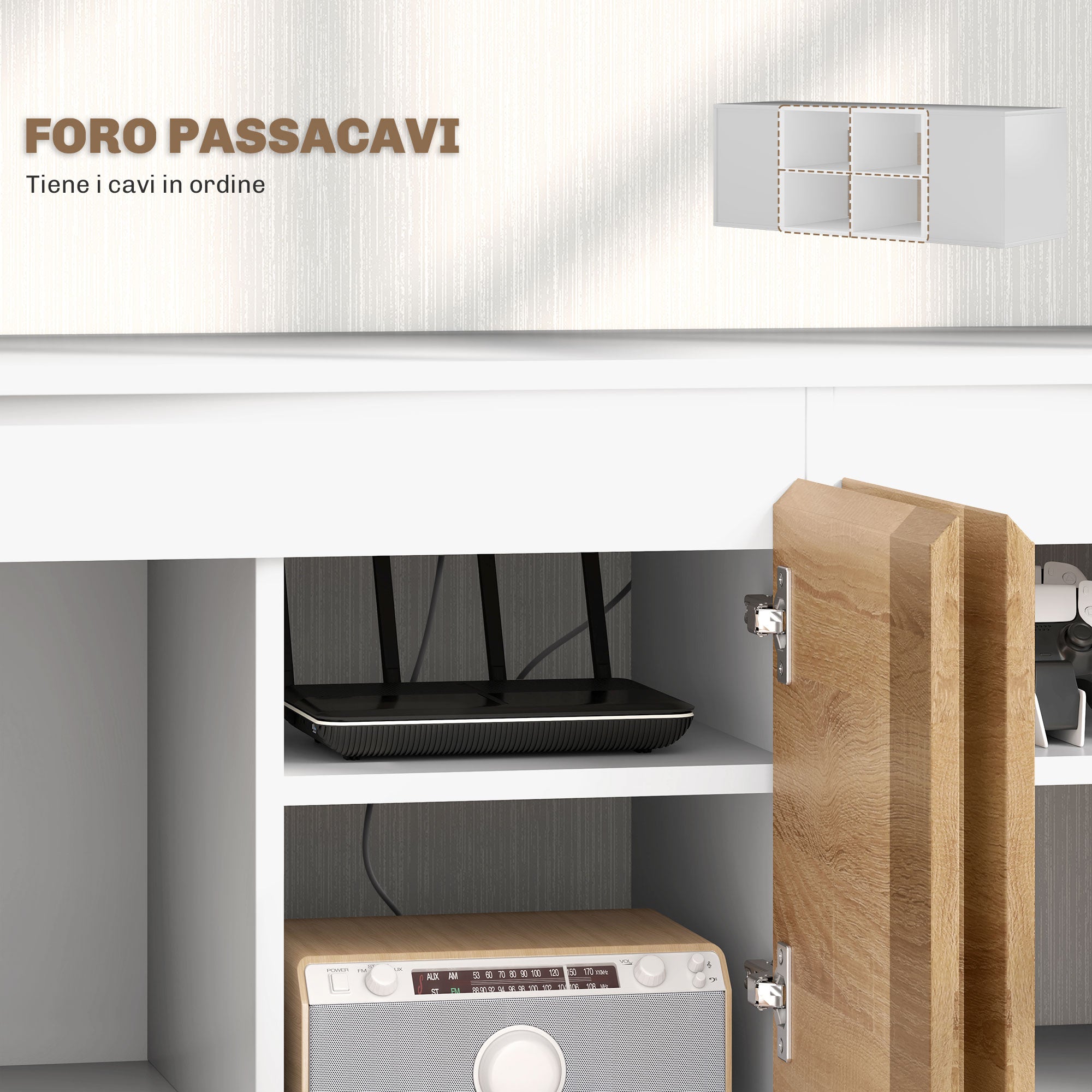 TV Stand and Wall Cabinet Set with 7 Shelves and Open Shelf, Particle Board TV Stand, 120x41x43.3 cm, White and Wood Color