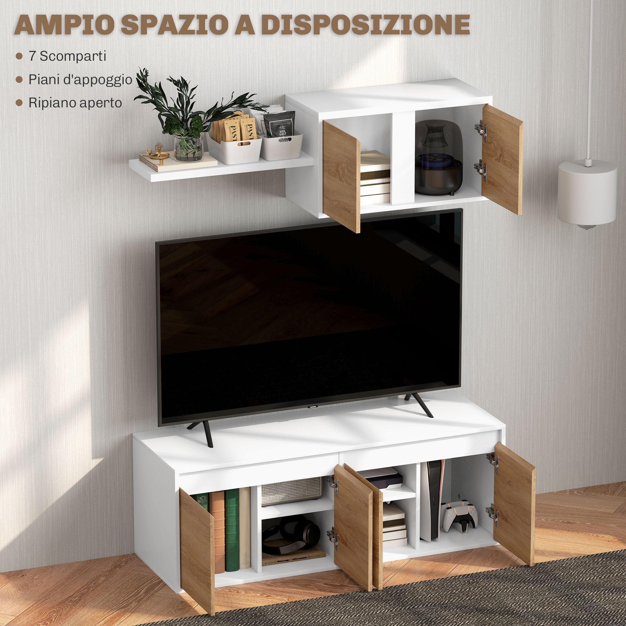 TV Stand and Wall Cabinet Set with 7 Shelves and Open Shelf, Particle Board TV Stand, 120x41x43.3 cm, White and Wood Color