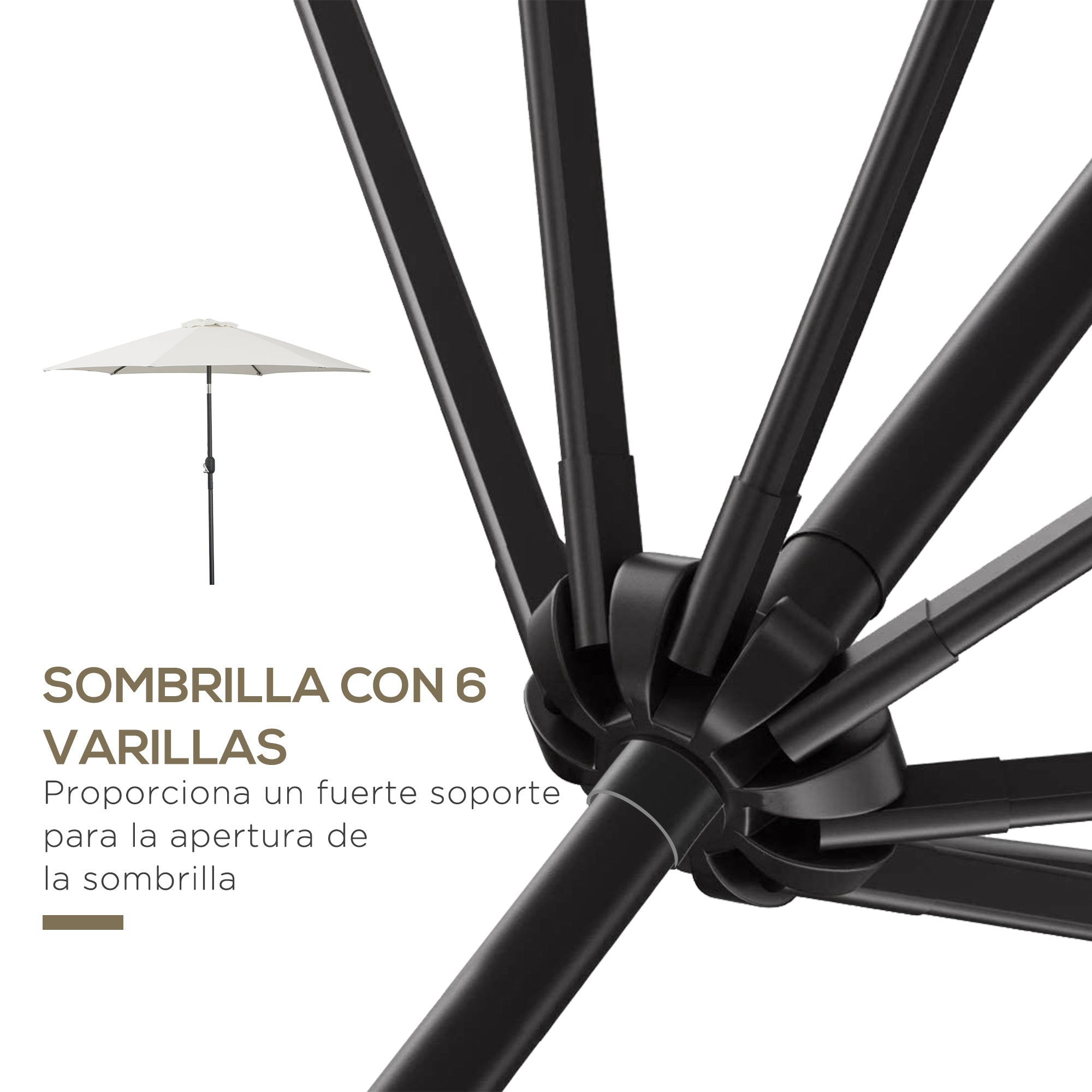 Aluminum Garden Umbrella Ø260x235 cm Reclining Garden Parasol with Crank and 6 Metal Rods for Outdoor Terrace Balcony Cream