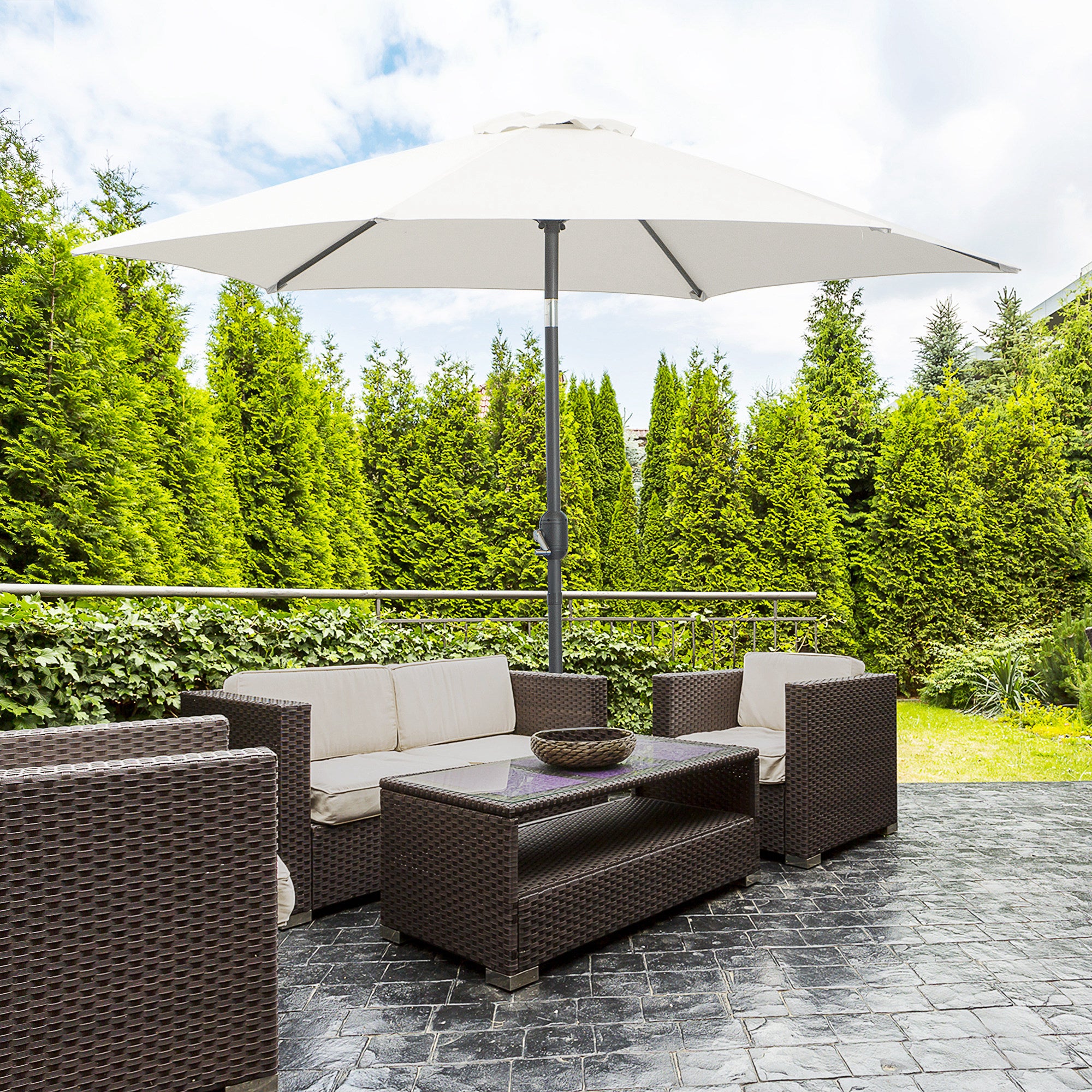 Aluminum Garden Umbrella Ø260x235 cm Reclining Garden Parasol with Crank and 6 Metal Rods for Outdoor Terrace Balcony Cream