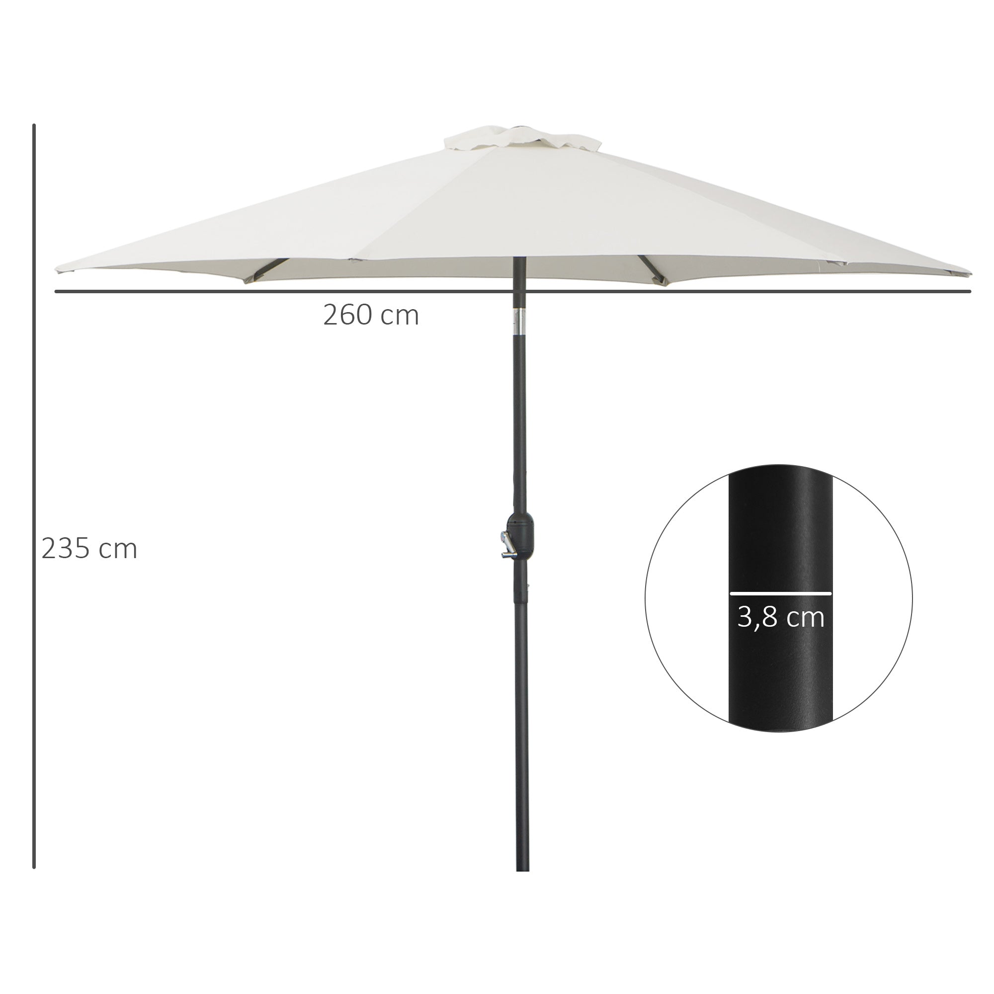 Aluminum Garden Umbrella Ø260x235 cm Reclining Garden Parasol with Crank and 6 Metal Rods for Outdoor Terrace Balcony Cream