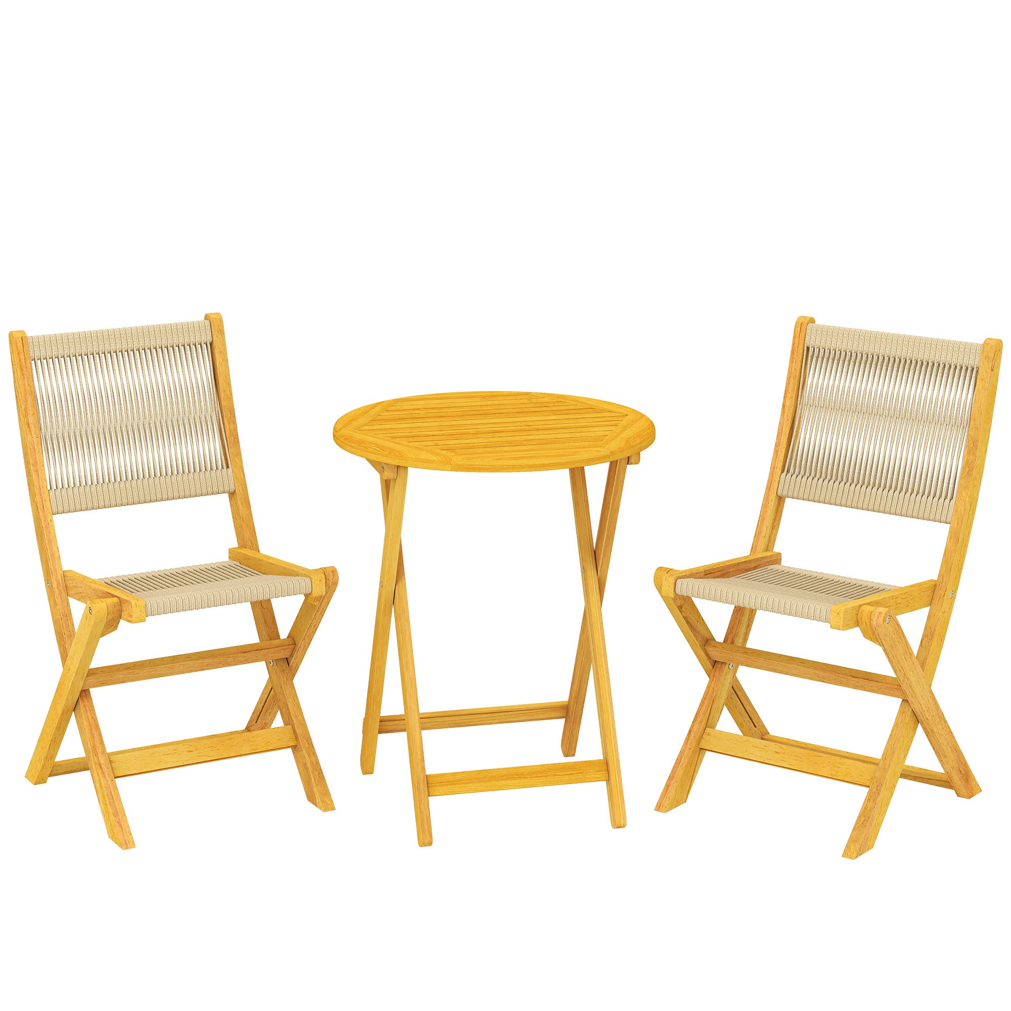 3-Piece Outdoor Acacia Wood Bistro Set – Round Table & 2 Folding PP Rope Chairs, Natural