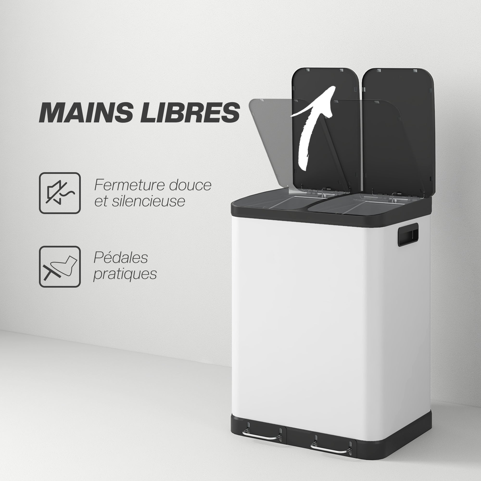 Kitchen Trash Can 2 x 30L Stainless Steel Pedal Trash Can with 2 Compartments, Soft-Close Lid, Removable Inner Buckets, for Recycling and Waste, White