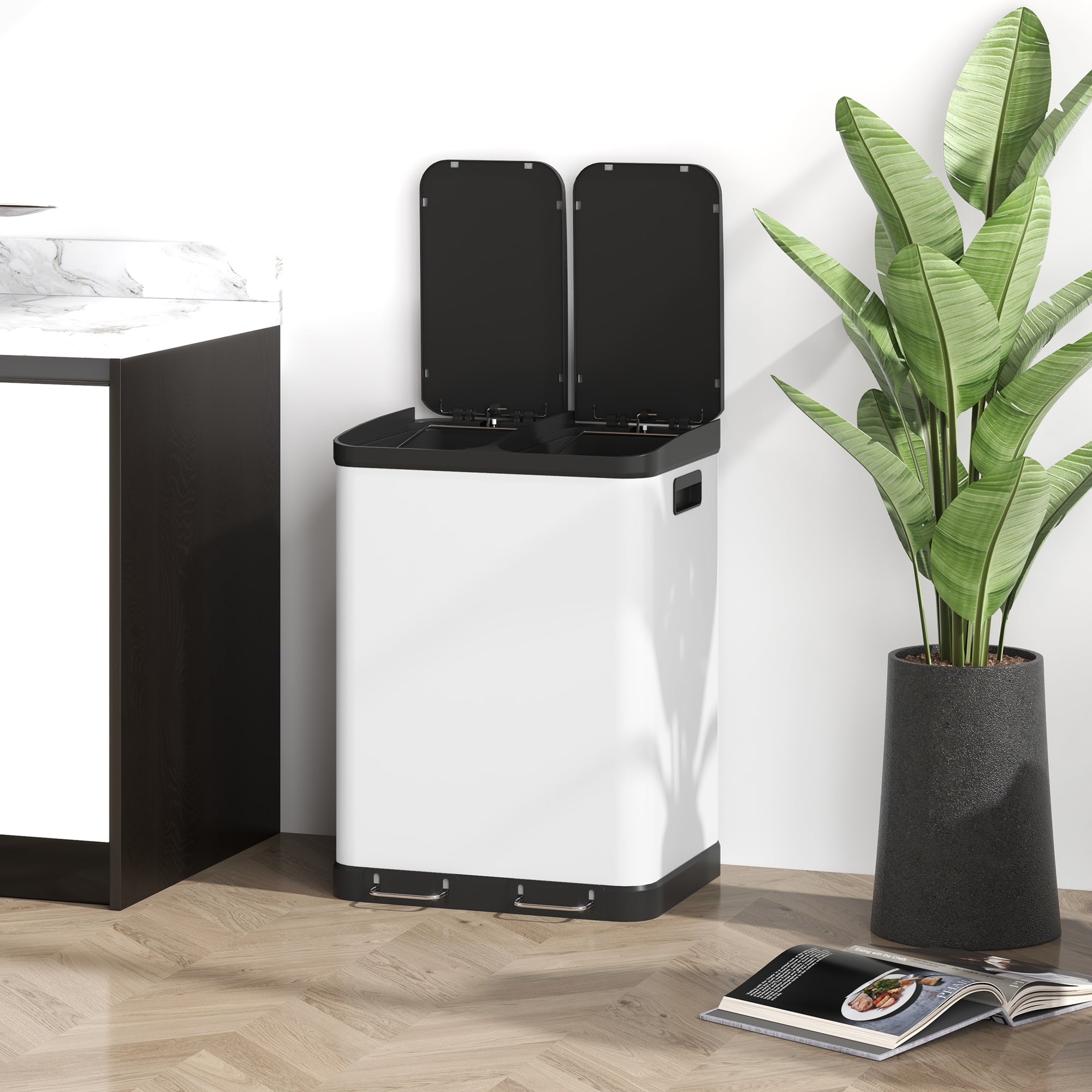 Kitchen Trash Can 2 x 30L Stainless Steel Pedal Trash Can with 2 Compartments, Soft-Close Lid, Removable Inner Buckets, for Recycling and Waste, White