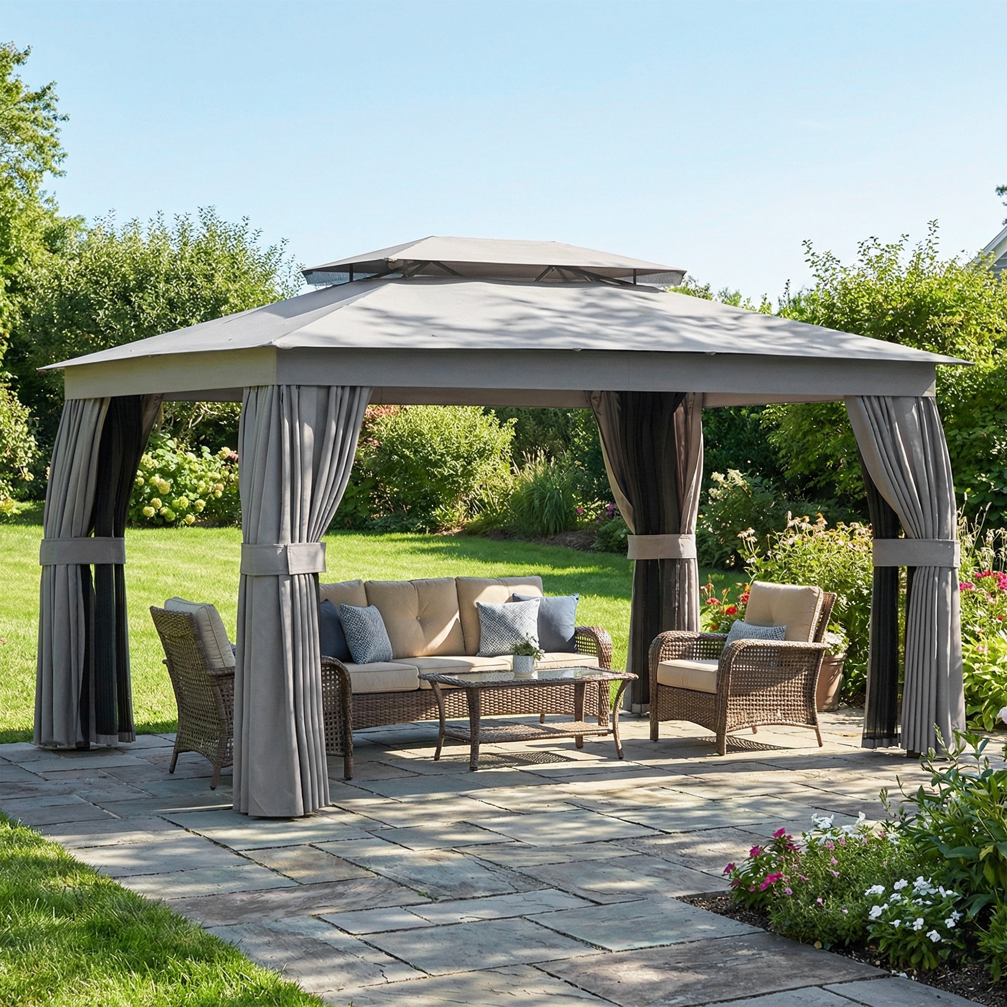 Gazebo 3.8 x 3 m — Water-Resistant, Stable, Weather-Resistant Garden Gazebo with Double Roof, Curtains & Mosquito Net, Party Tent with Hooks, Metal Frame, Dark Gray