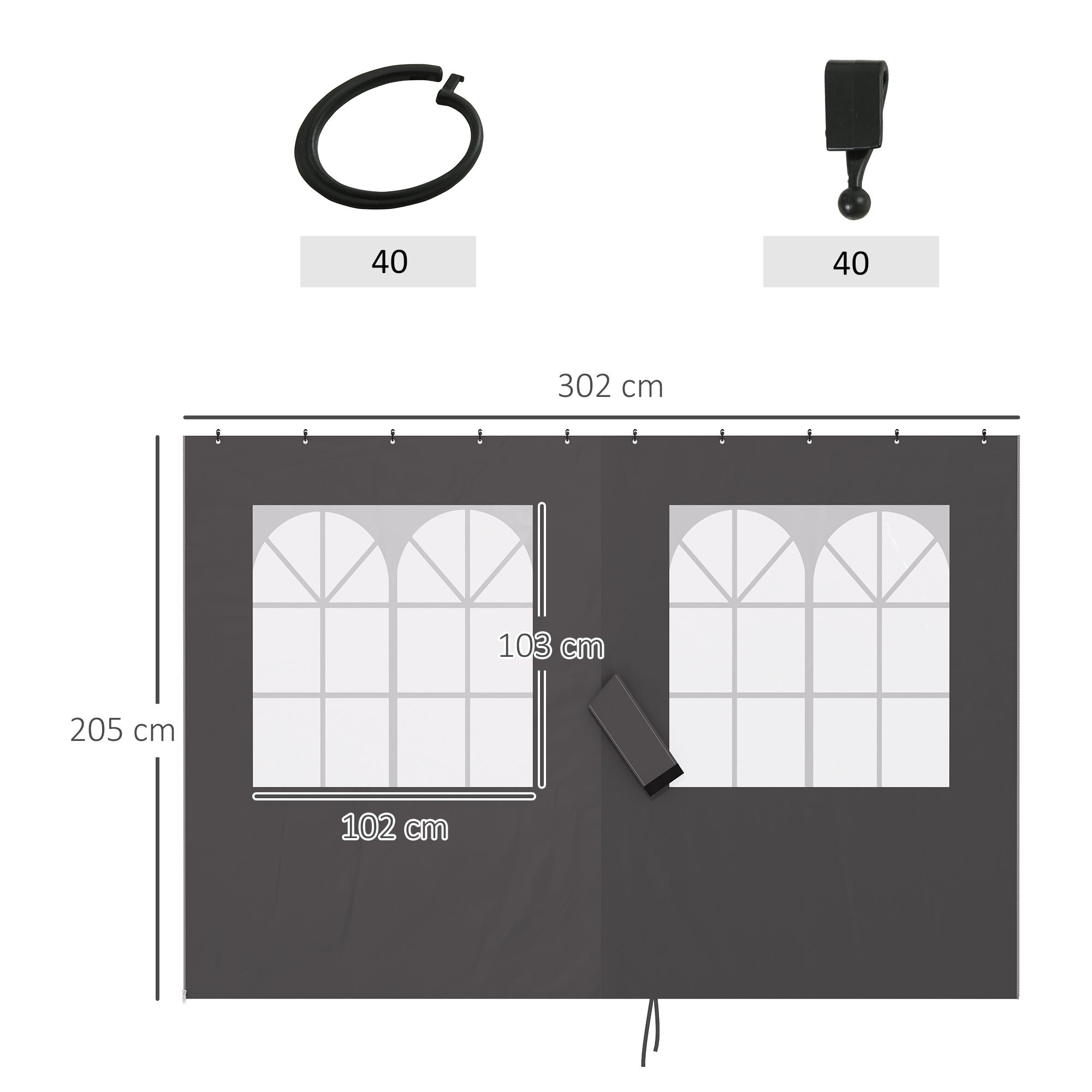 Side Wall 4-Piece Set for 3 x 3m Pavilion Side Panels with 8 Windows Hook and Loop Fasteners 302x205cm Waterproof Stable Winterproof Side Panel Side Walls for Party Tent Garden Pavilion Dark Grey