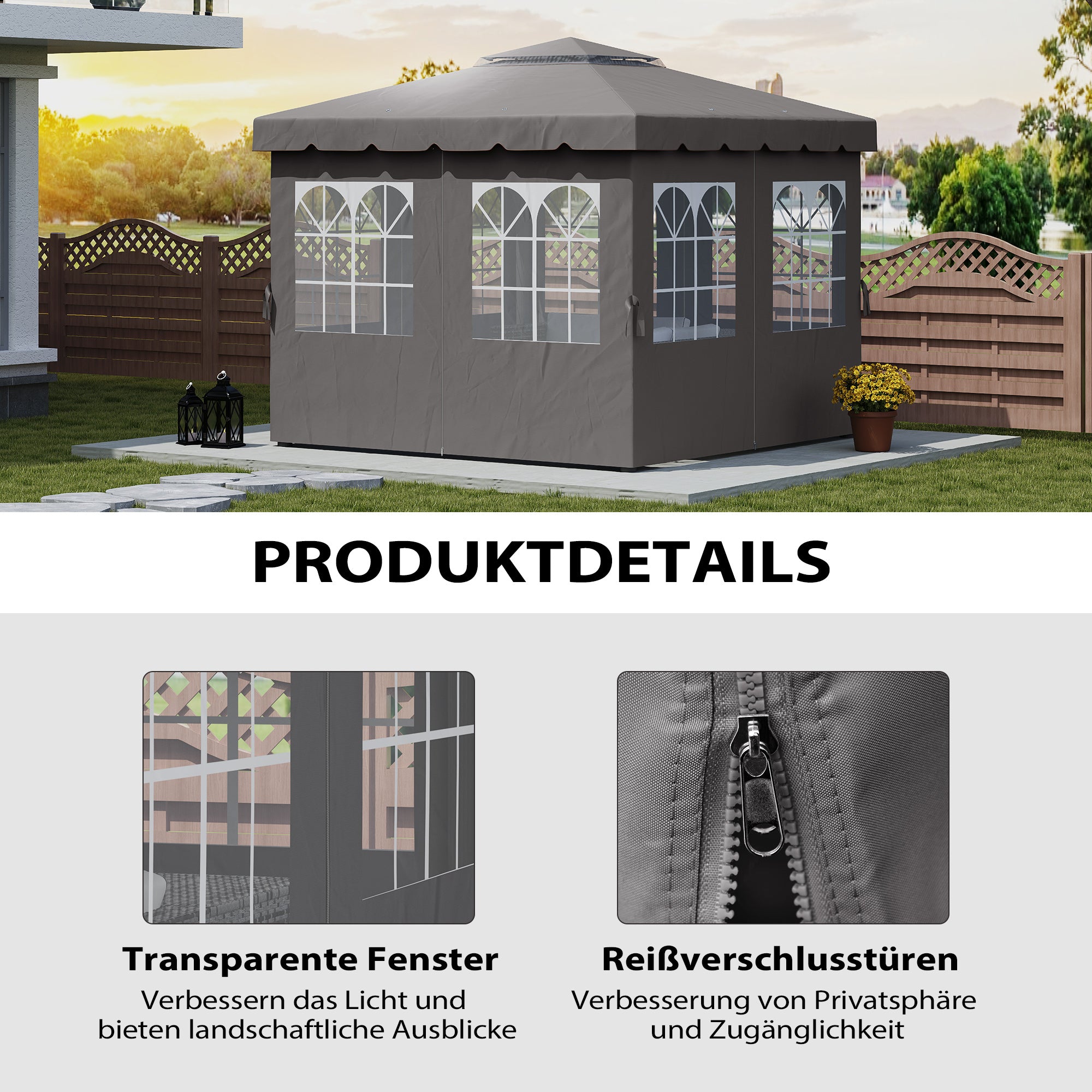 Side Wall 4-Piece Set for 3 x 3m Pavilion Side Panels with 8 Windows Hook and Loop Fasteners 302x205cm Waterproof Stable Winterproof Side Panel Side Walls for Party Tent Garden Pavilion Dark Grey