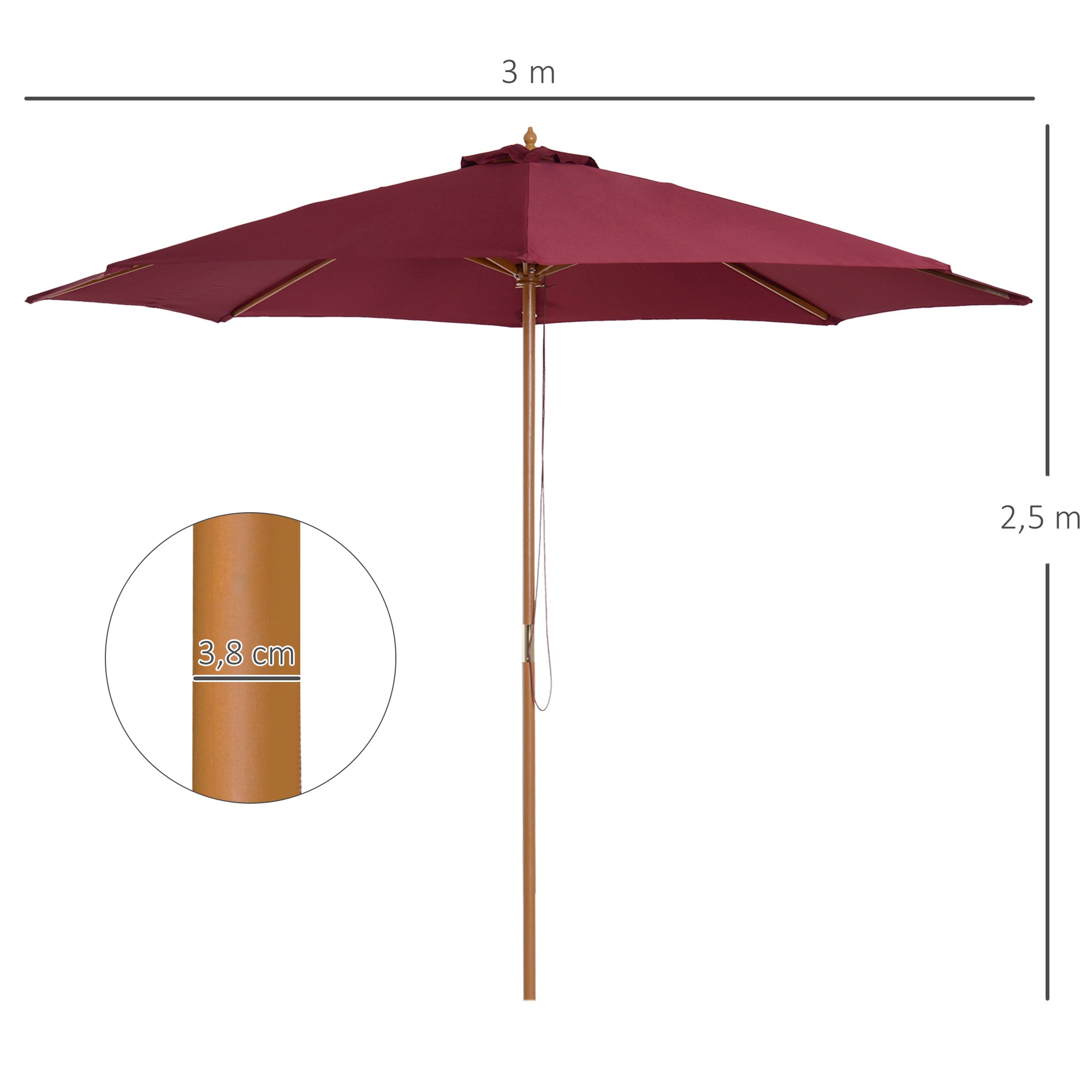 Outdoor Garden Umbrella Straight Double Roof Wooden High Density Polyester Sun Protection Ø 3 x 2.5 m Red