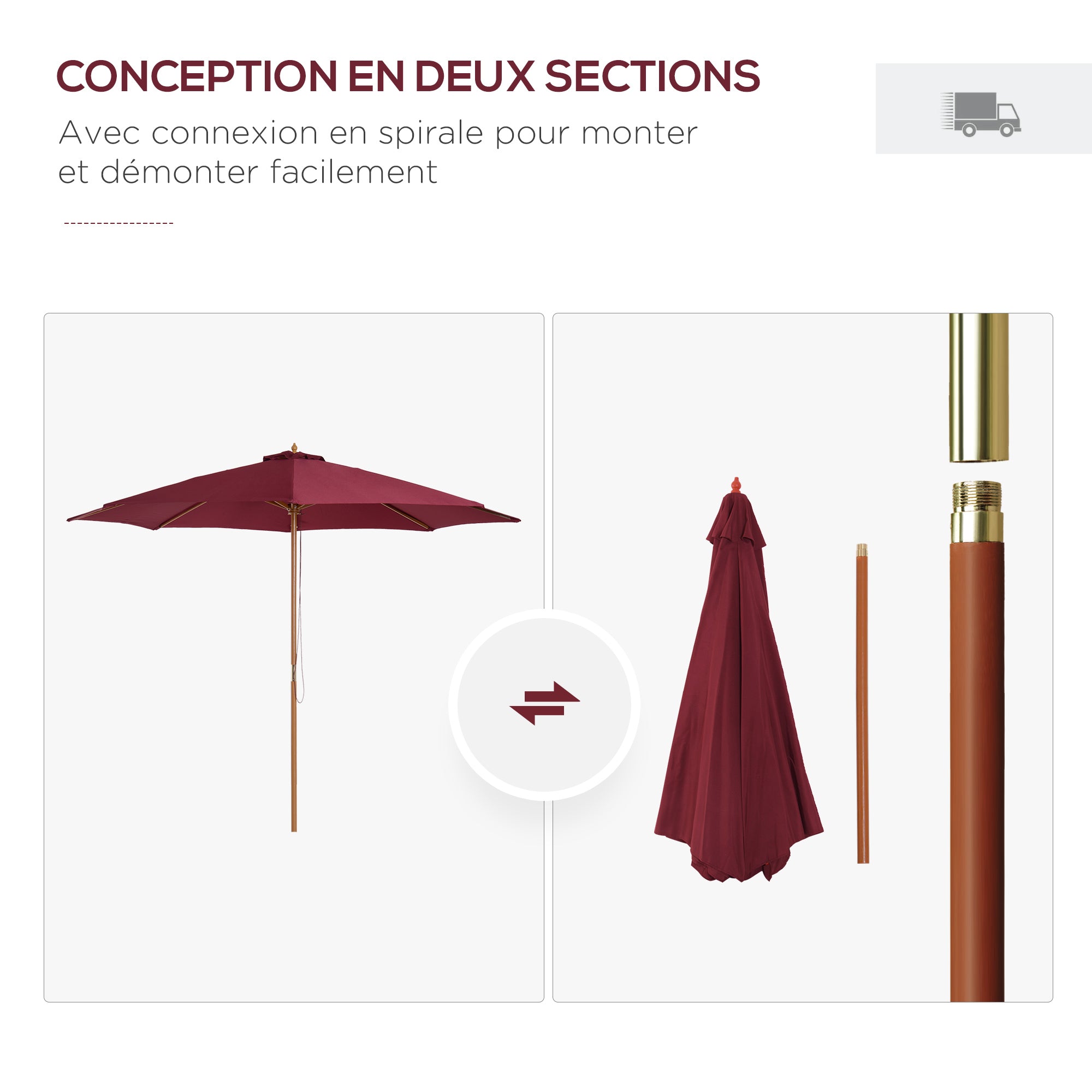 Outdoor Garden Umbrella Straight Double Roof Wooden High Density Polyester Sun Protection Ø 3 x 2.5 m Red