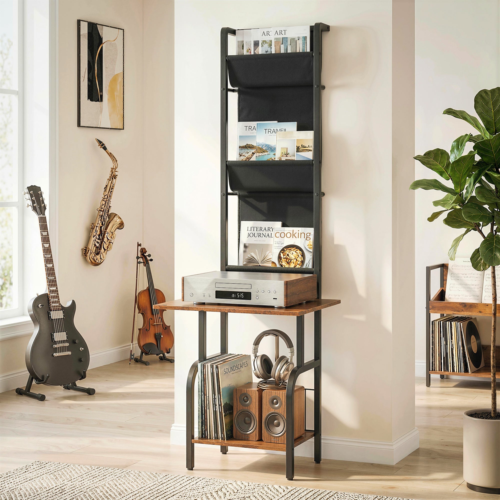 CD/DVD/Blu-ray Rack with 3 Fabric Pockets & Table — Industrial Media Shelf, Rustic Brown/Black (19.7 x 19.1 x 56.7 in)