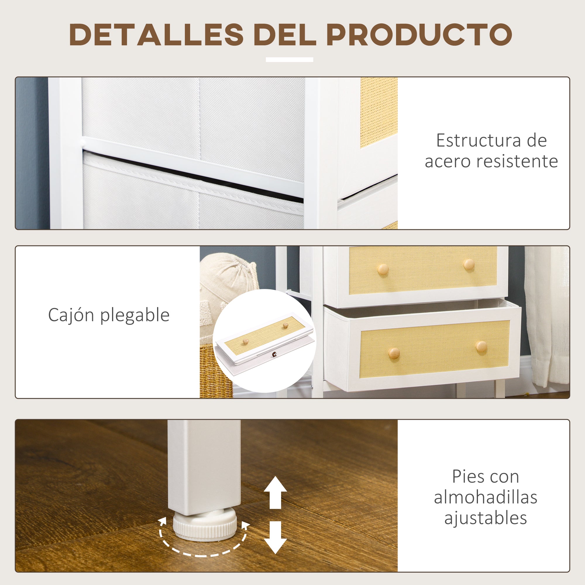 Bohemian Style Bedroom Chest of Drawers with 5 Foldable Fabric Drawers PE Rattan Surface and Steel Frame for Entryway Living Room Hallway 62x30x126.5 cm White