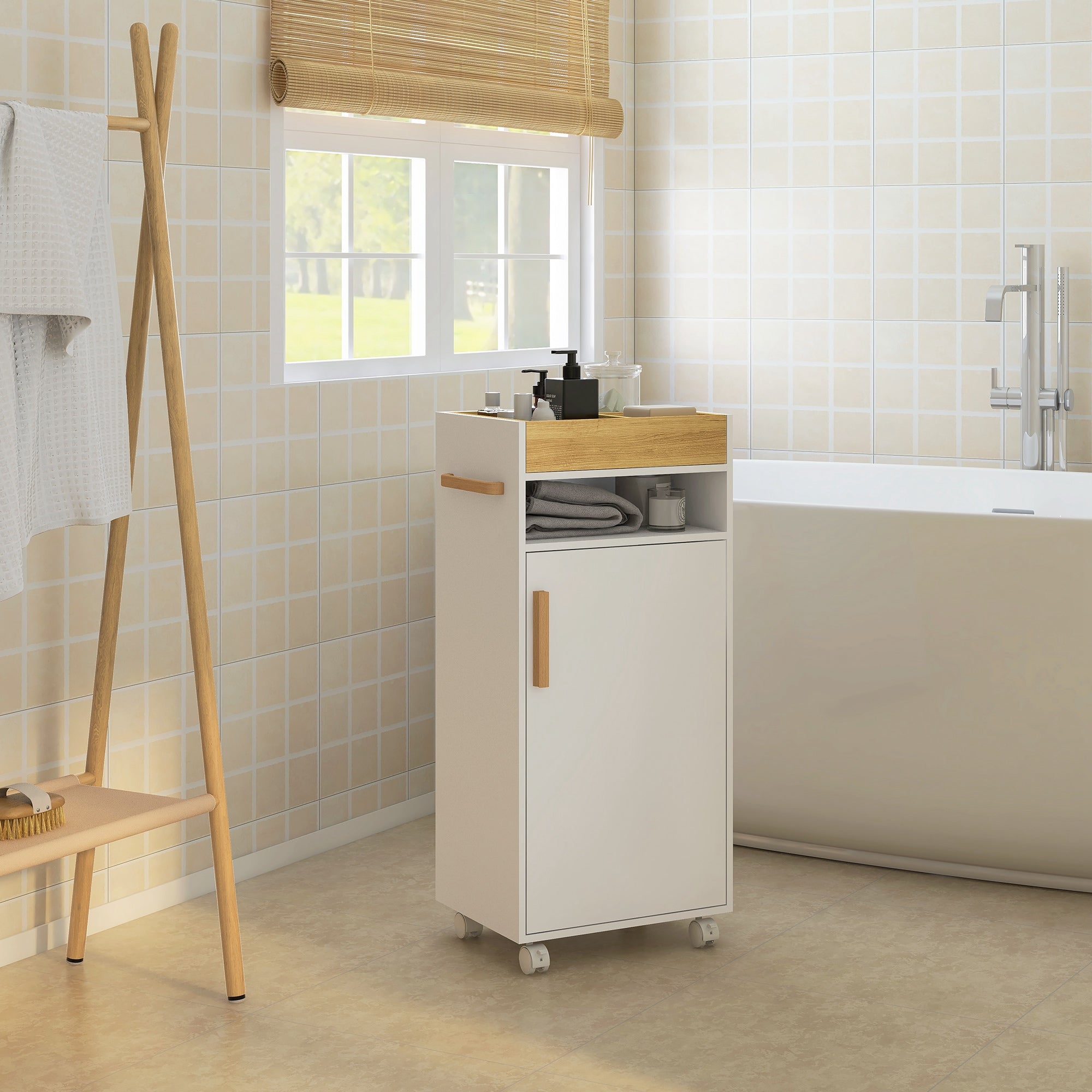 Modern Bathroom Cabinet Auxiliary Column Bathroom Floor Cabinet with Adjustable Shelves Removable Tray and Wheels 40x30x88 cm White and Oak