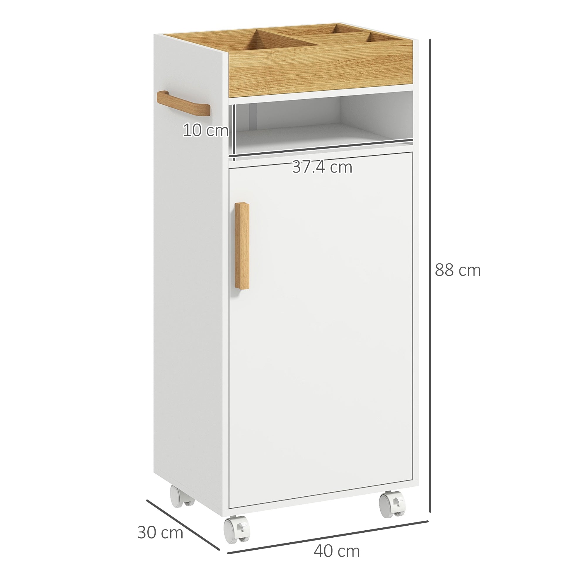 Modern Bathroom Cabinet Auxiliary Column Bathroom Floor Cabinet with Adjustable Shelves Removable Tray and Wheels 40x30x88 cm White and Oak