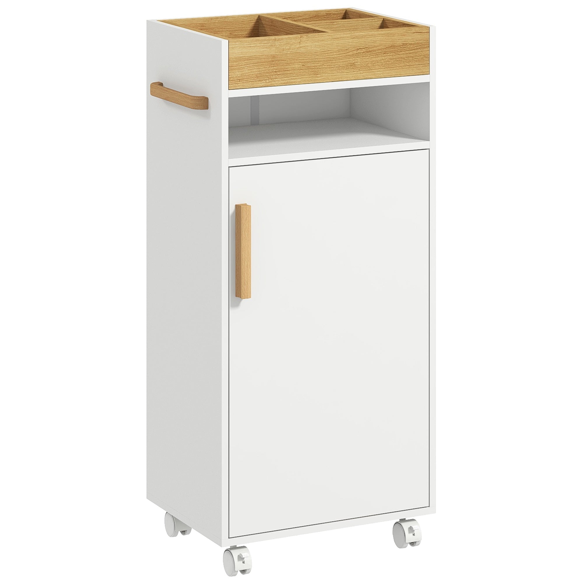 Modern Bathroom Cabinet Auxiliary Column Bathroom Floor Cabinet with Adjustable Shelves Removable Tray and Wheels 40x30x88 cm White and Oak