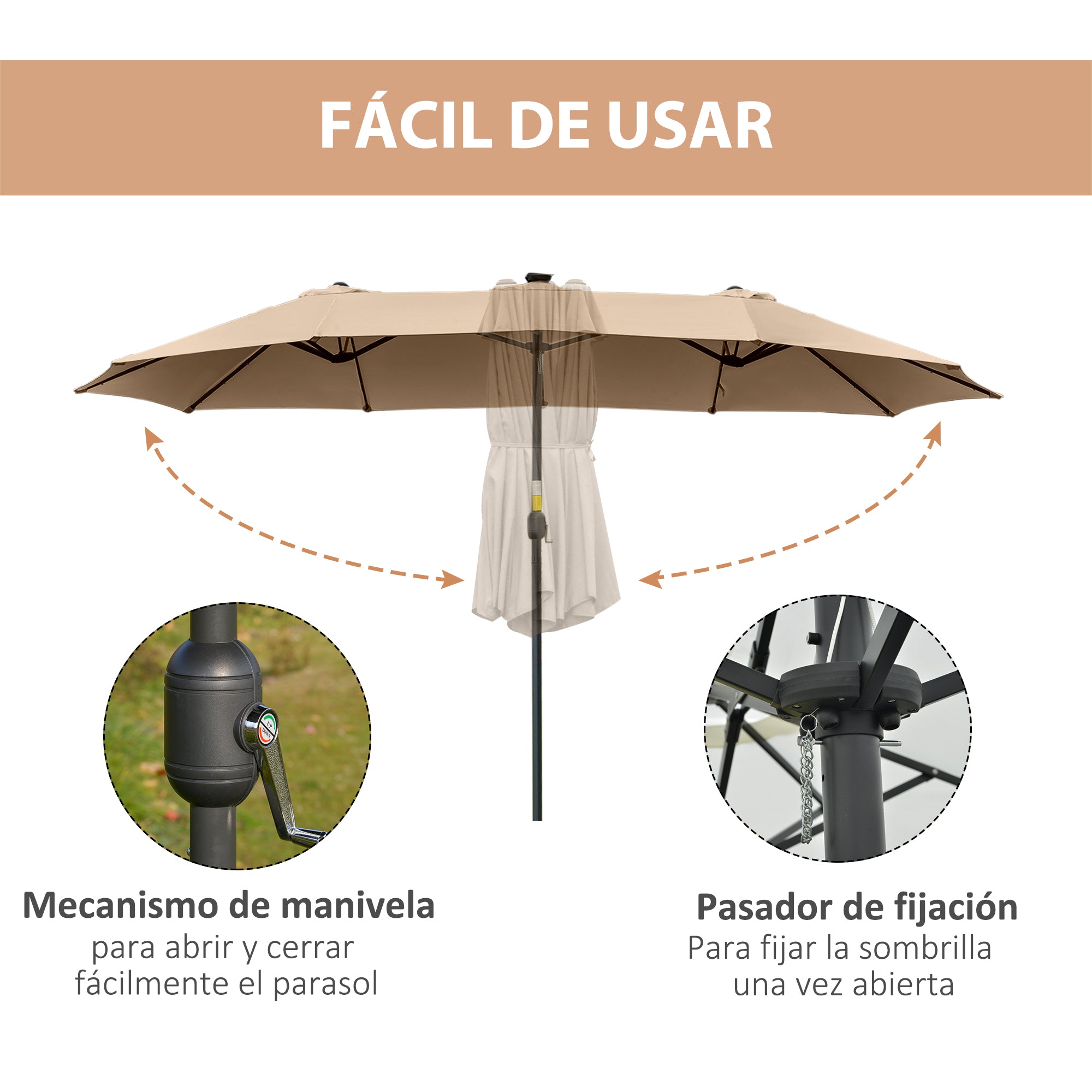 Double Garden Umbrella with 48 Solar LED Lights 177.17x104.33x94.49 inches Patio Umbrella with Crank Sun Protection for Terrace Balcony Pool Khaki