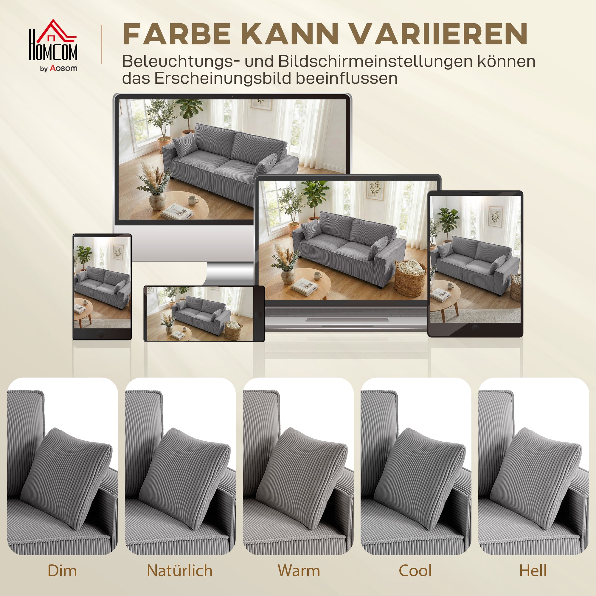 3-Seater Sofa, 86" Wide Couch with Wide Armrests, 2 Cushions, Comfortable Cord-Style Lounge Sofa, Padded Upholstered Sofa for Living Room/Bedroom, Light Gray