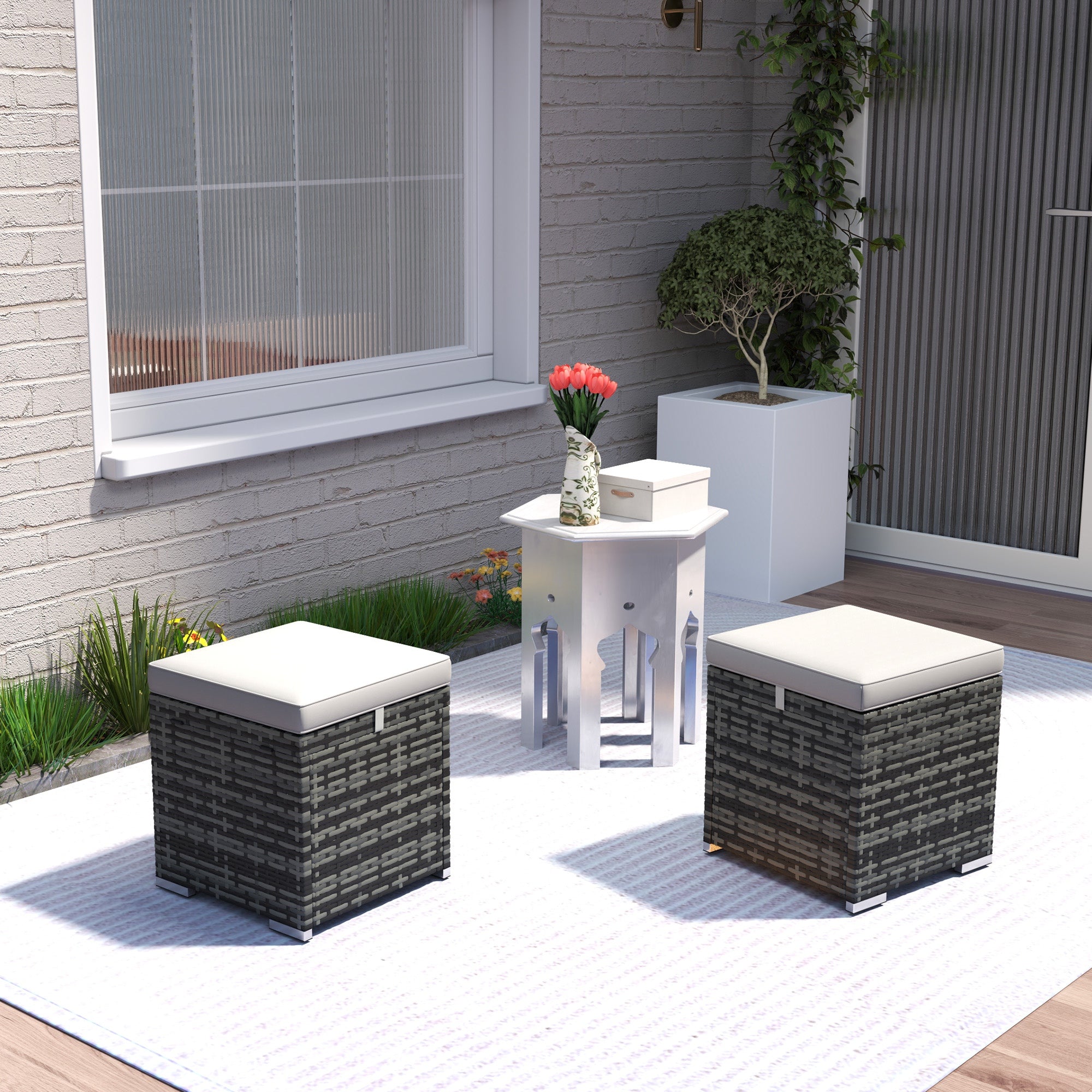 Set of 2 Stools with PE Rattan Storage Space, Garden Footrest with Removable Cushions, Pouf 40 x 40 x 41 cm, Light Gray