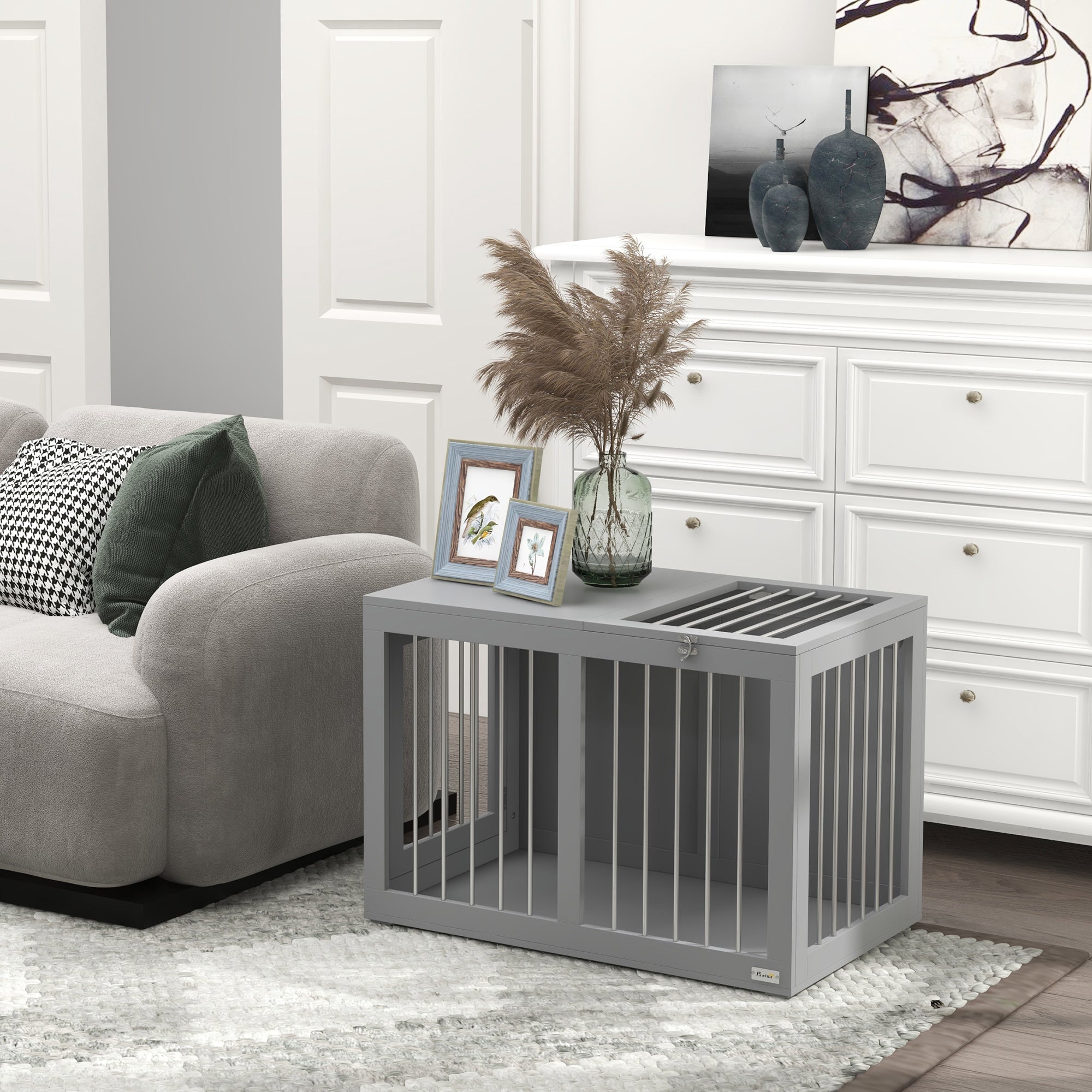 Dog Crate Furniture with 2 Doors Steel Dog Crate for Home Indoor Dog House for Medium Dogs up to 20 kg Side Table Dog Kennel 80 x 50 x 56.5 cm Gray