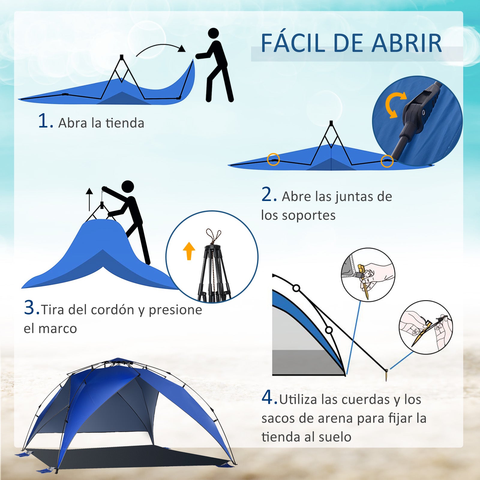 Folding Beach Tent Pop-Up Beach Shelter with Carrying Bag Automatic Opening UV Protection and Waterproof for Park Camping 247x247x145 cm Blue