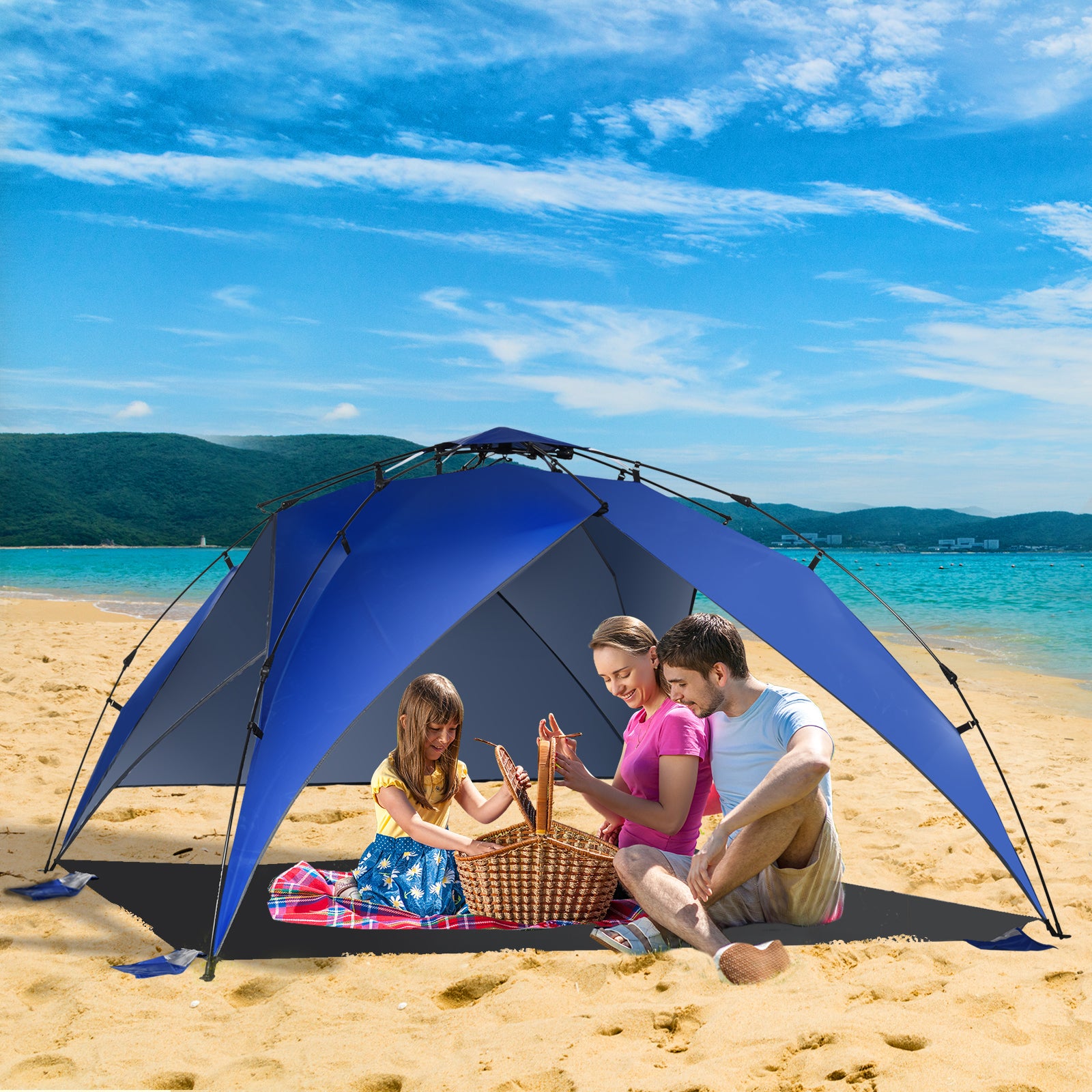 Folding Beach Tent Pop-Up Beach Shelter with Carrying Bag Automatic Opening UV Protection and Waterproof for Park Camping 247x247x145 cm Blue
