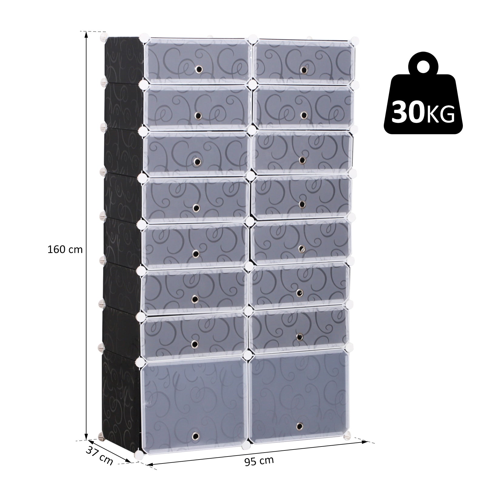 Shoe Boxes 16-Piece Set Stackable Shoe Organizer Shoe Storage Storage Boxes Shelving System with Door, Black + White