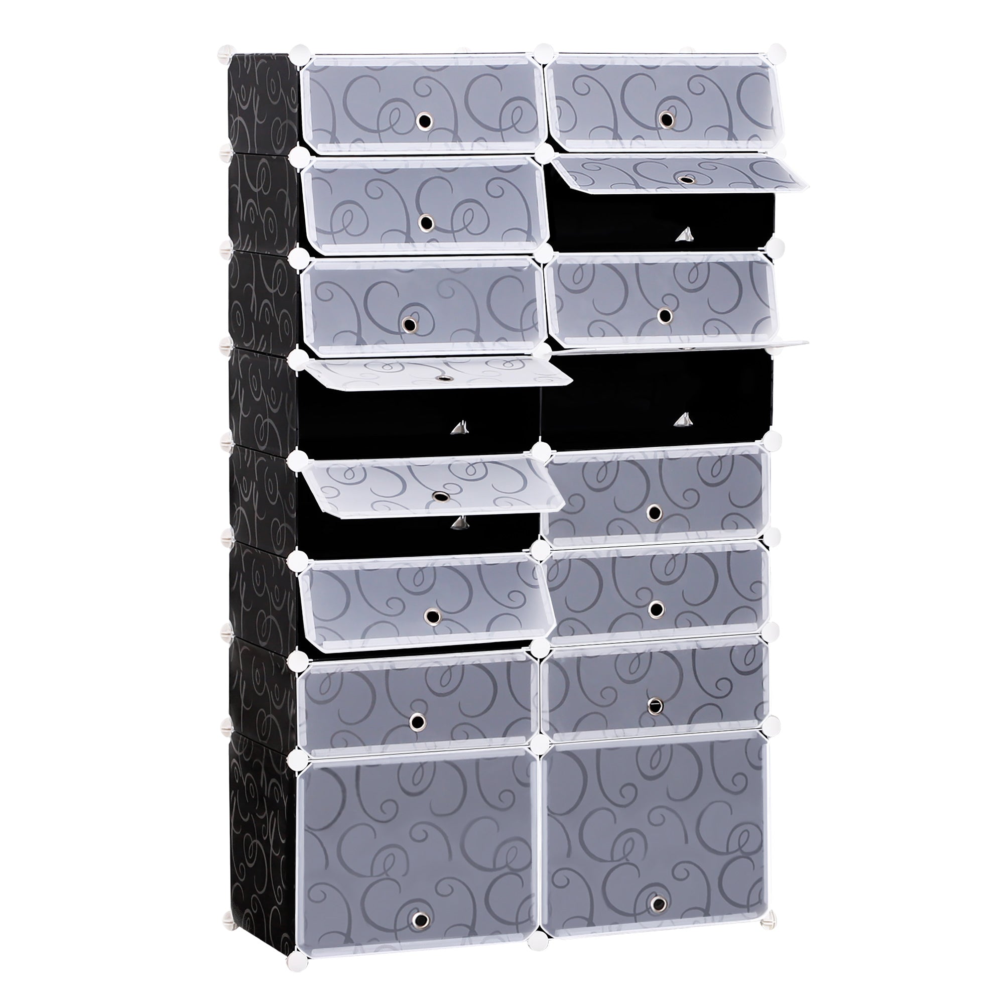 Shoe Boxes 16-Piece Set Stackable Shoe Organizer Shoe Storage Storage Boxes Shelving System with Door, Black + White