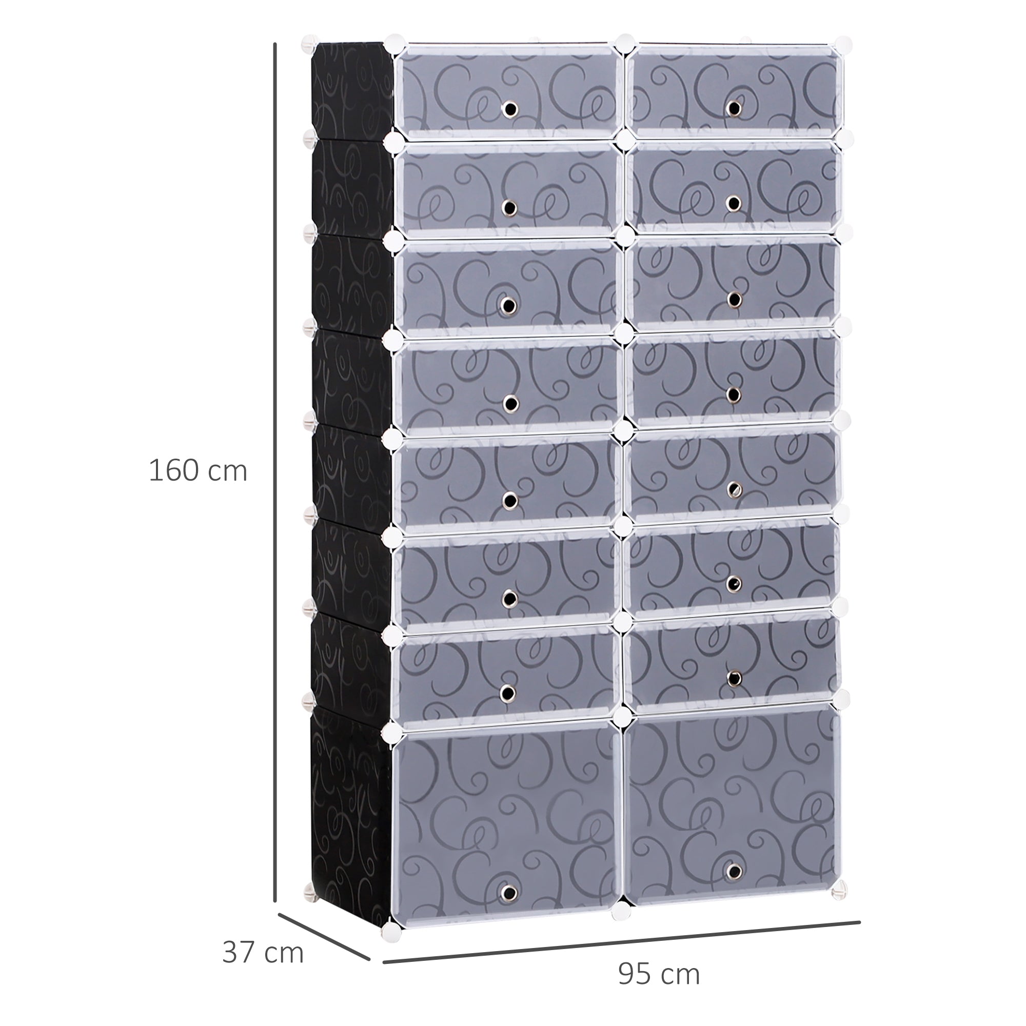 Shoe Boxes 16-Piece Set Stackable Shoe Organizer Shoe Storage Storage Boxes Shelving System with Door, Black + White