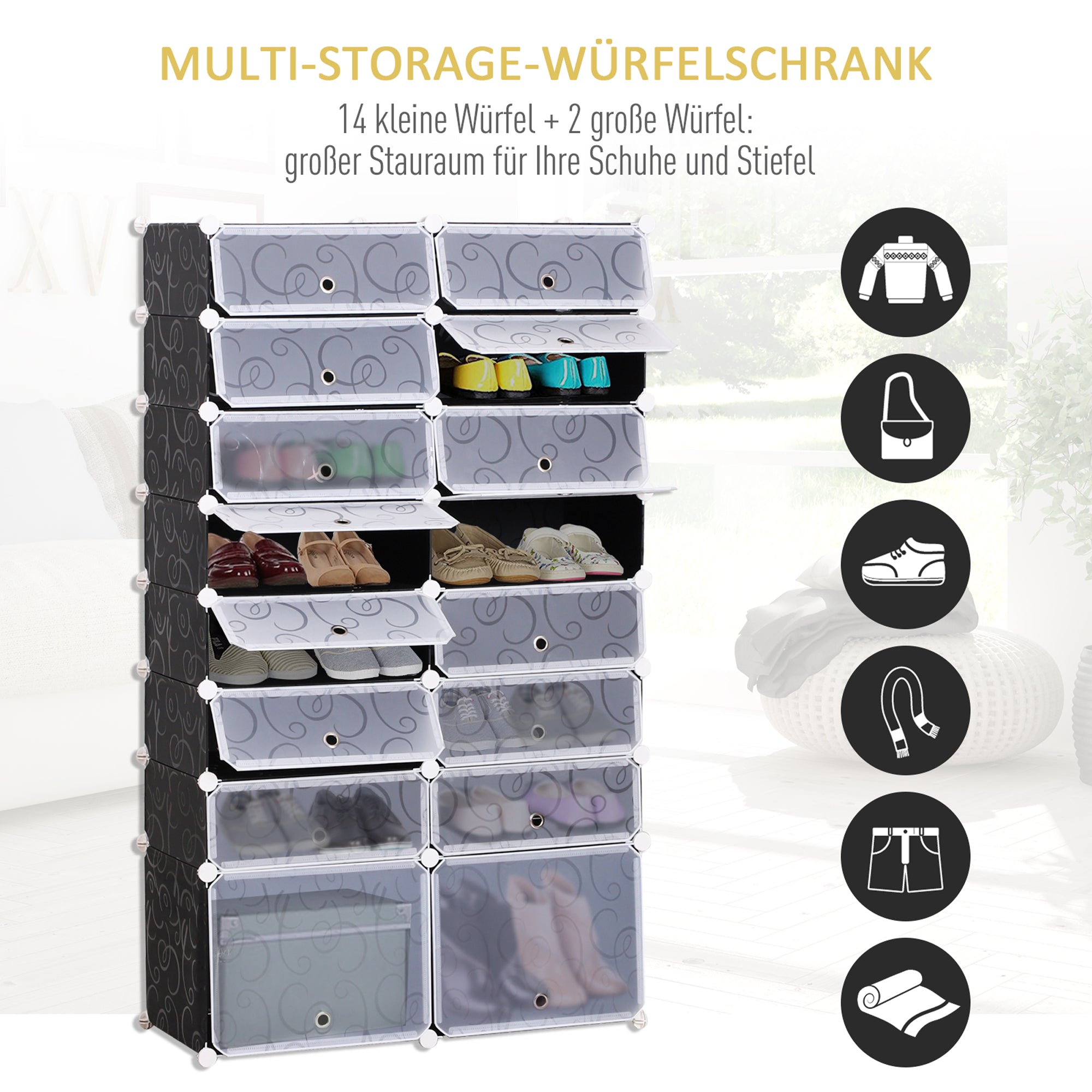 Shoe Boxes 16-Piece Set Stackable Shoe Organizer Shoe Storage Storage Boxes Shelving System with Door, Black + White
