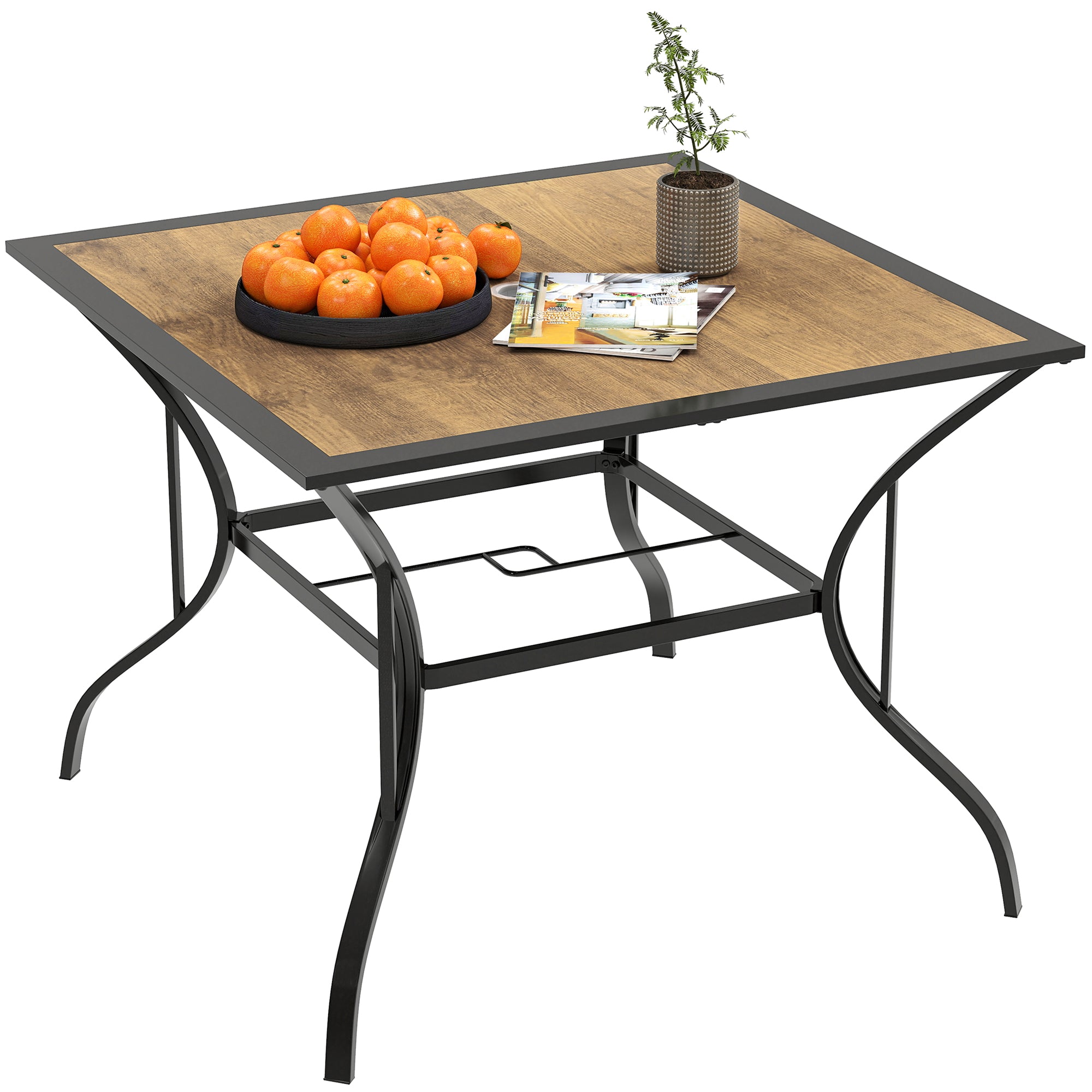 Garden Table for 4 People in Steel, PS and PC with Central Umbrella Hole, 94L x 94W x 71H cm, Brown