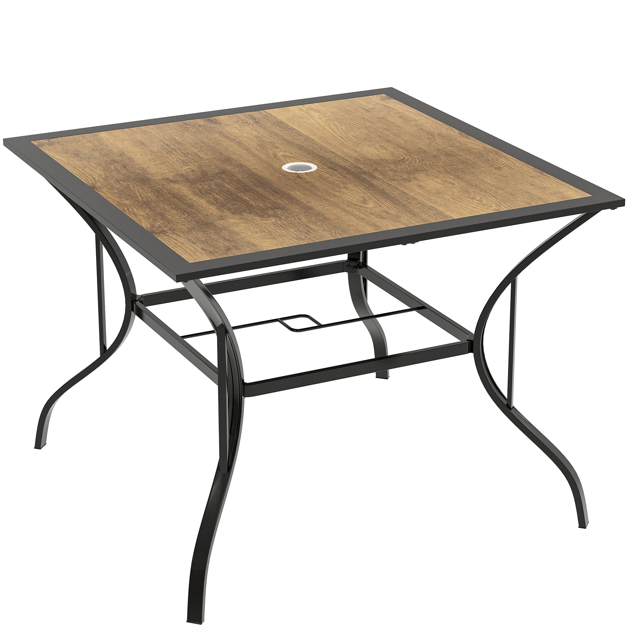 Garden Table for 4 People in Steel, PS and PC with Central Umbrella Hole, 94L x 94W x 71H cm, Brown