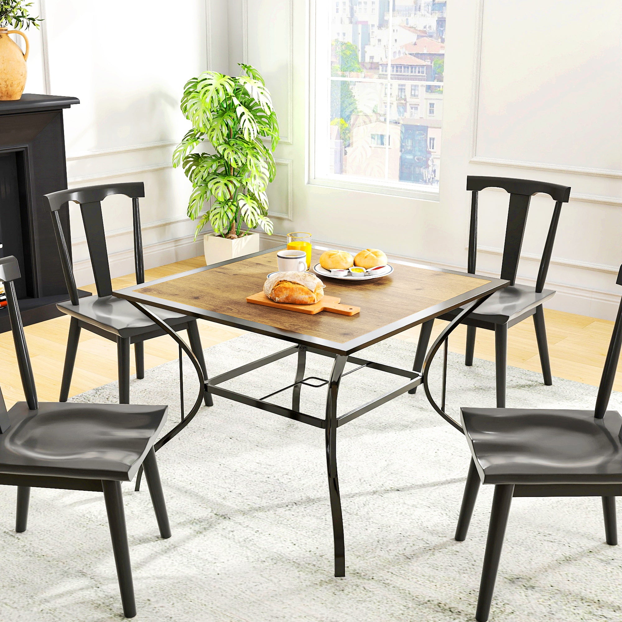 Garden Table for 4 People in Steel, PS and PC with Central Umbrella Hole, 94L x 94W x 71H cm, Brown