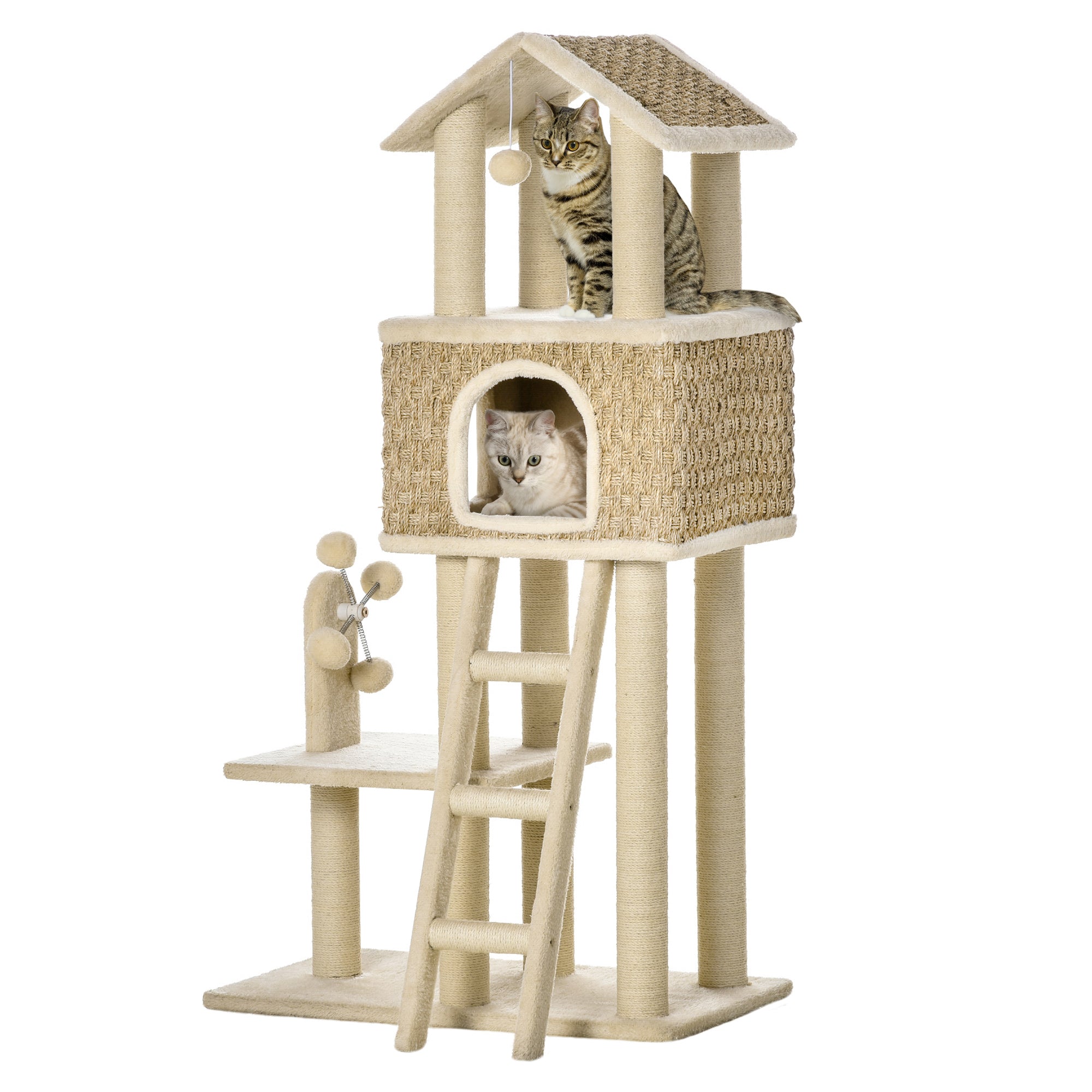 Cat Tree Scratching Post 130H cm Climbing Tree with Cat Condo Playing Balls Jute Posts Large Platform Particle Board Plush Khaki+Beige