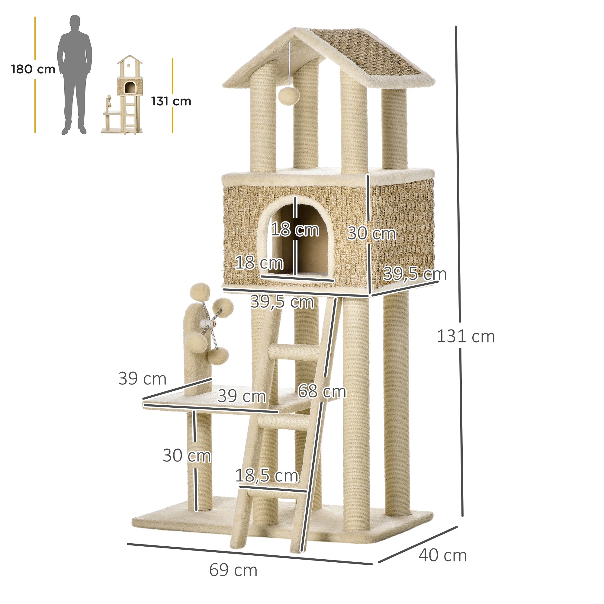 Cat Tree Scratching Post 130H cm Climbing Tree with Cat Condo Playing Balls Jute Posts Large Platform Particle Board Plush Khaki+Beige