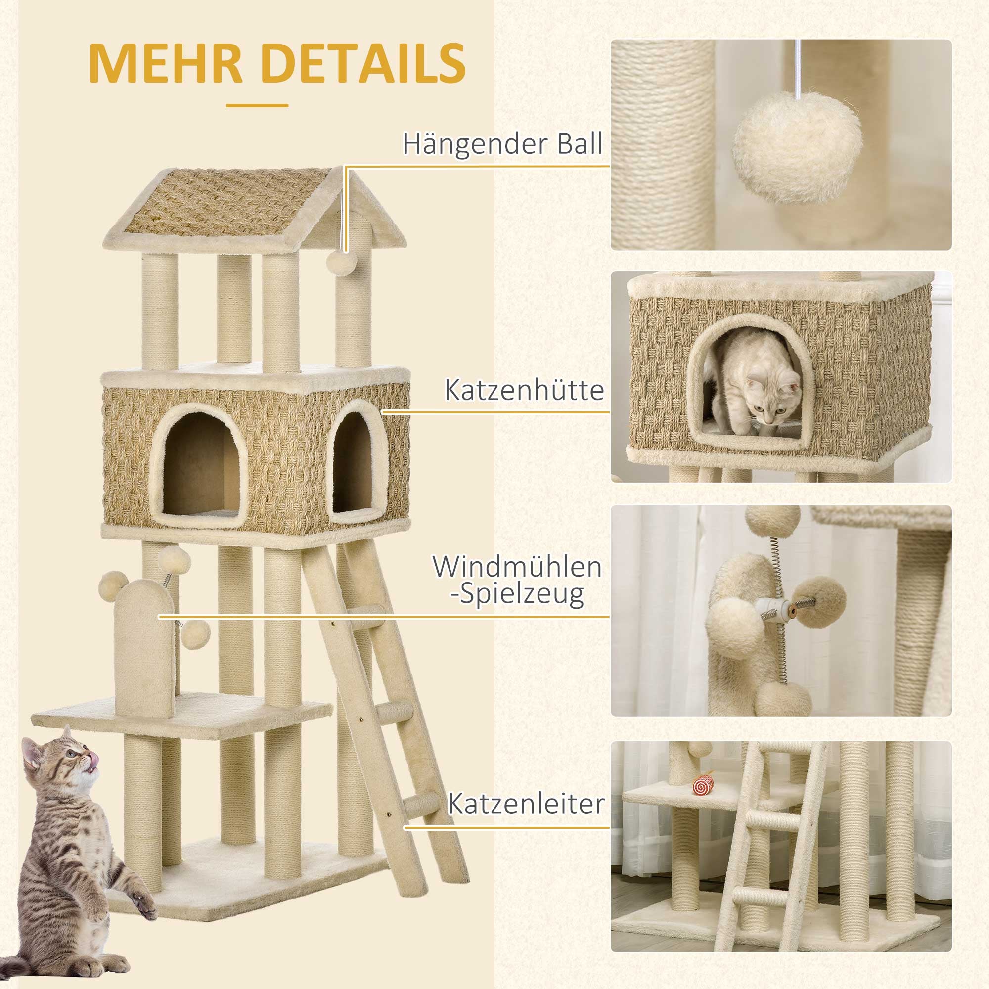Cat Tree Scratching Post 130H cm Climbing Tree with Cat Condo Playing Balls Jute Posts Large Platform Particle Board Plush Khaki+Beige