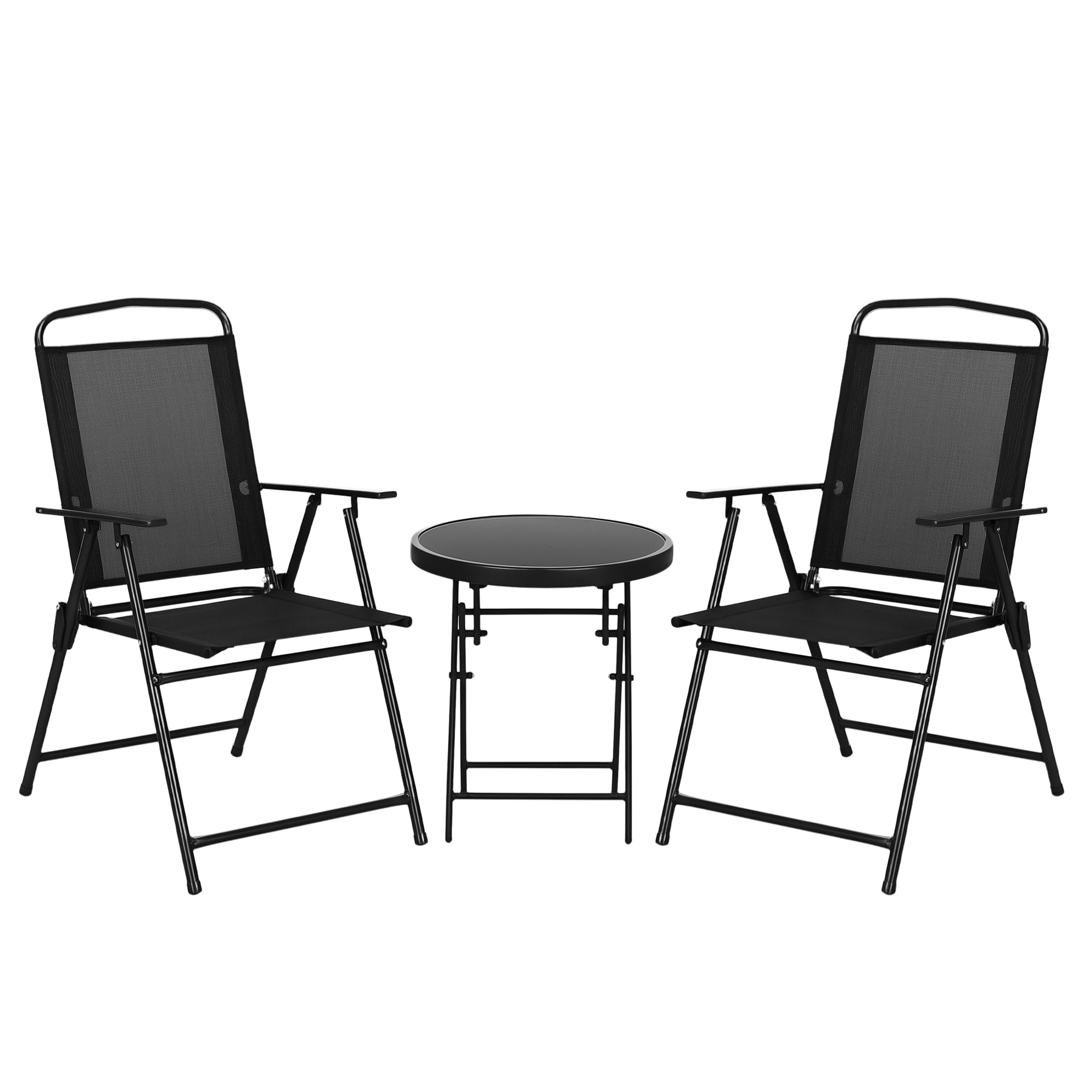 3-Piece Garden Bistro Set 2 Folding Chairs with Armrests + Round Glass Top Folding Coffee Table High Density Mesh Fabric Metal Epoxy