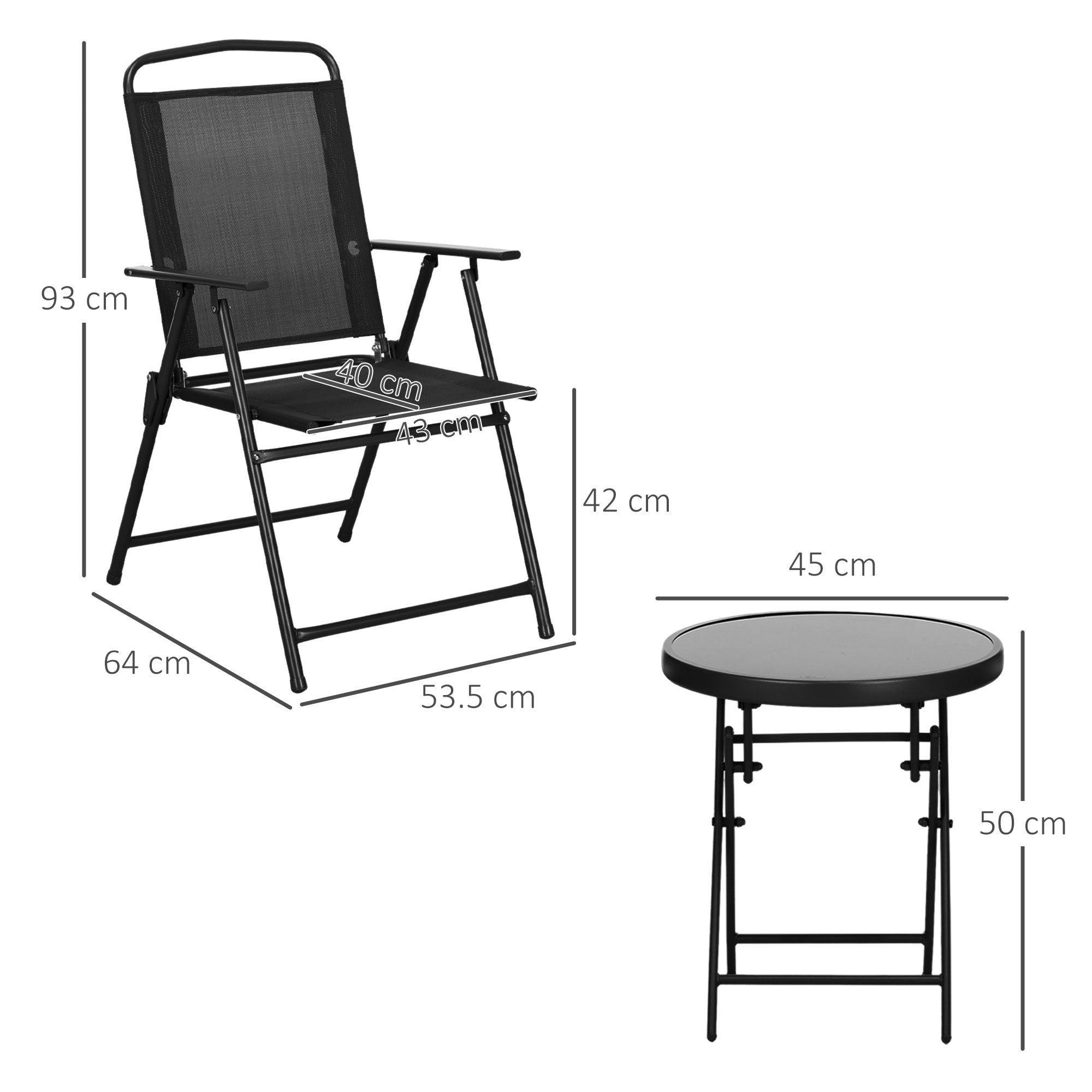 3-Piece Garden Bistro Set 2 Folding Chairs with Armrests + Round Glass Top Folding Coffee Table High Density Mesh Fabric Metal Epoxy
