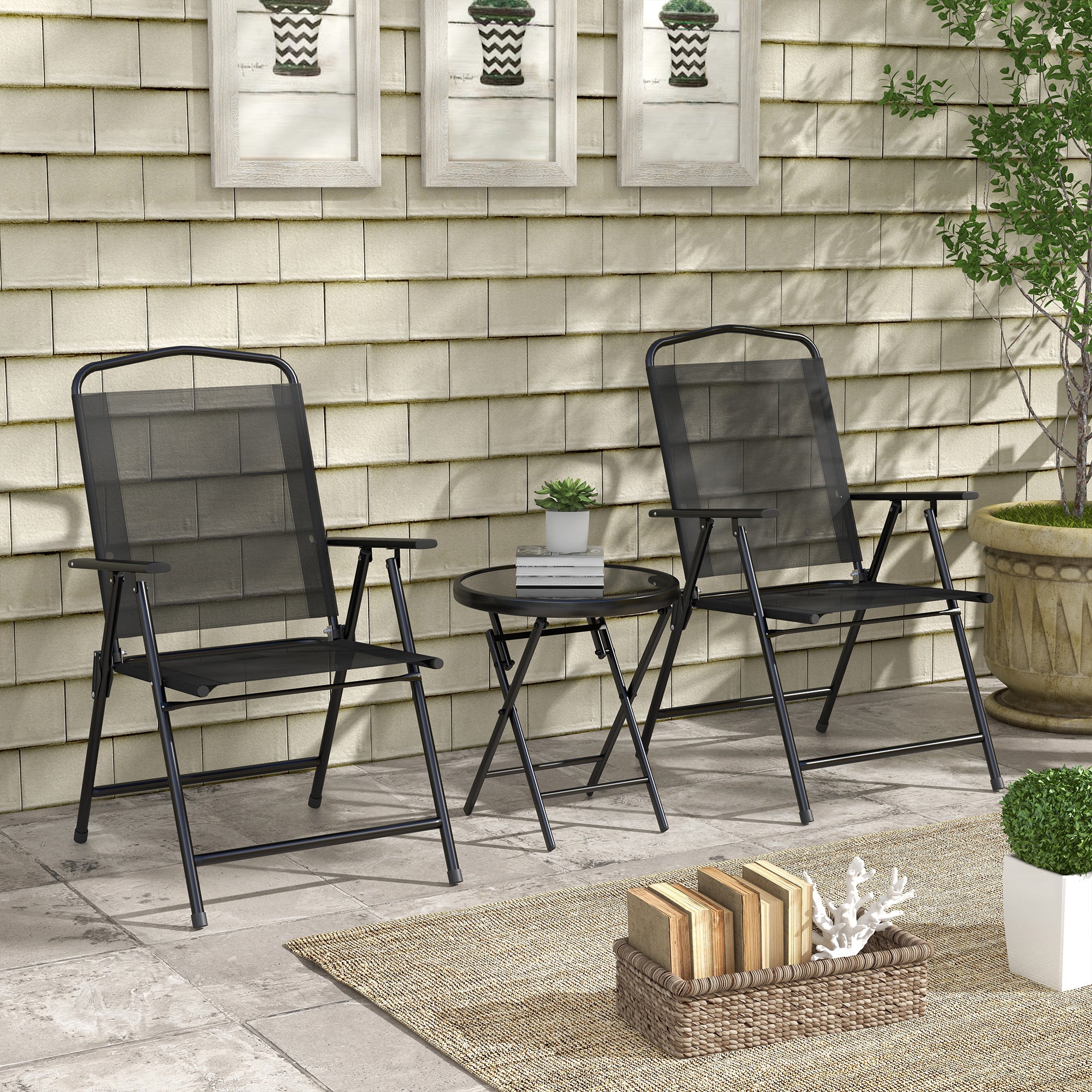 3-Piece Garden Bistro Set 2 Folding Chairs with Armrests + Round Glass Top Folding Coffee Table High Density Mesh Fabric Metal Epoxy