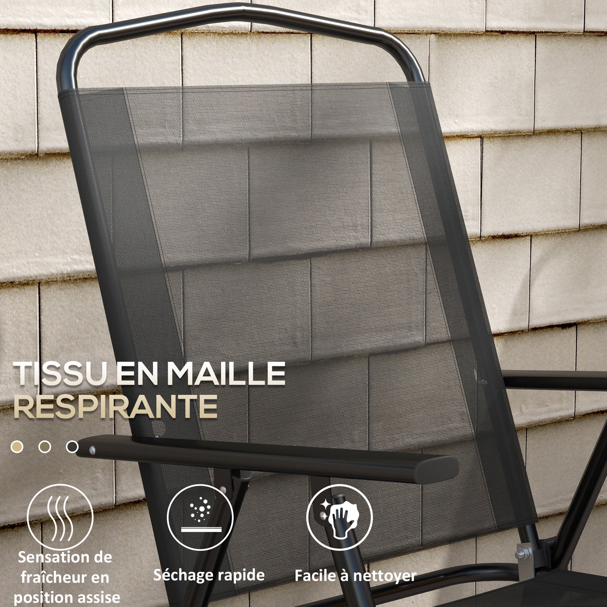 3-Piece Garden Bistro Set 2 Folding Chairs with Armrests + Round Glass Top Folding Coffee Table High Density Mesh Fabric Metal Epoxy