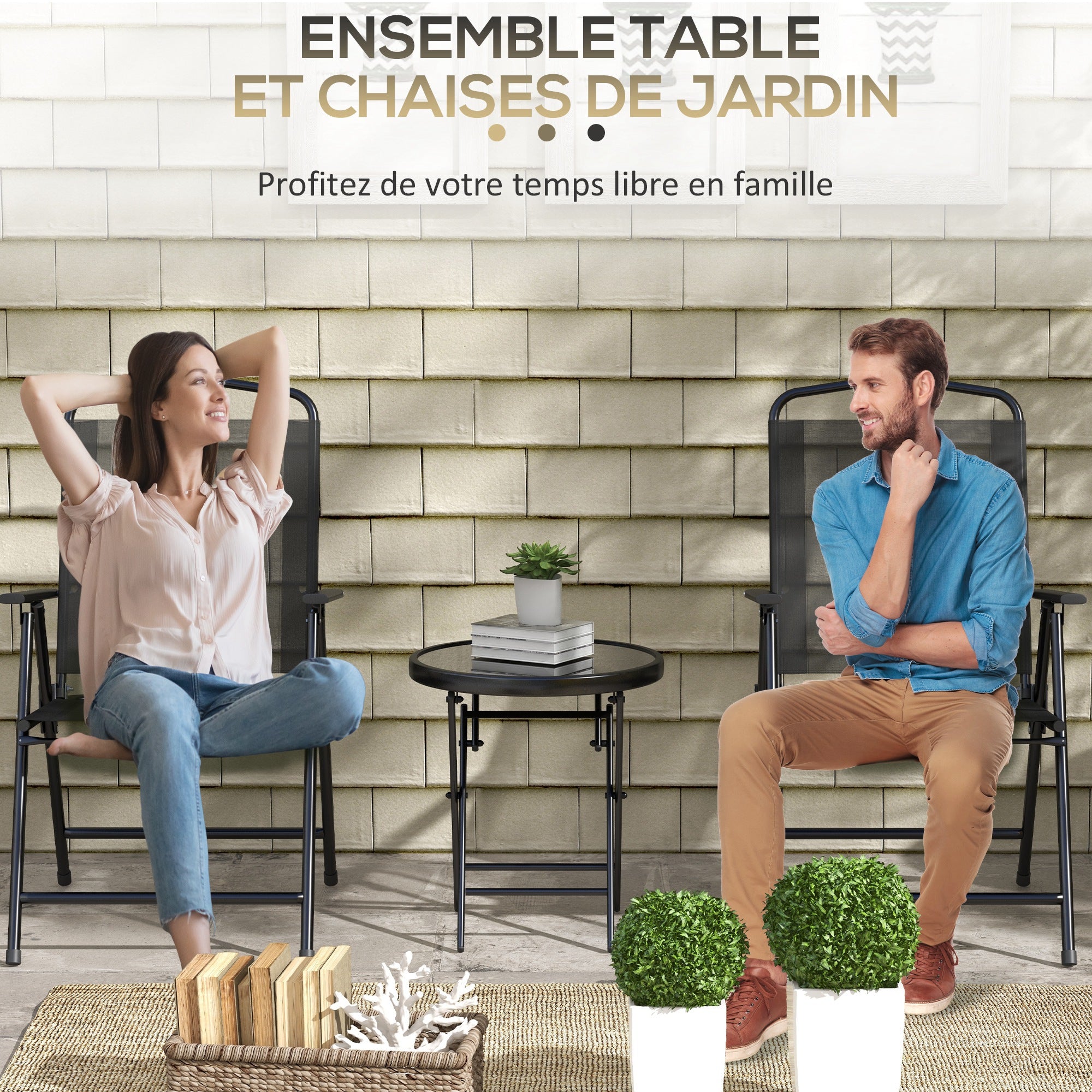 3-Piece Garden Bistro Set 2 Folding Chairs with Armrests + Round Glass Top Folding Coffee Table High Density Mesh Fabric Metal Epoxy