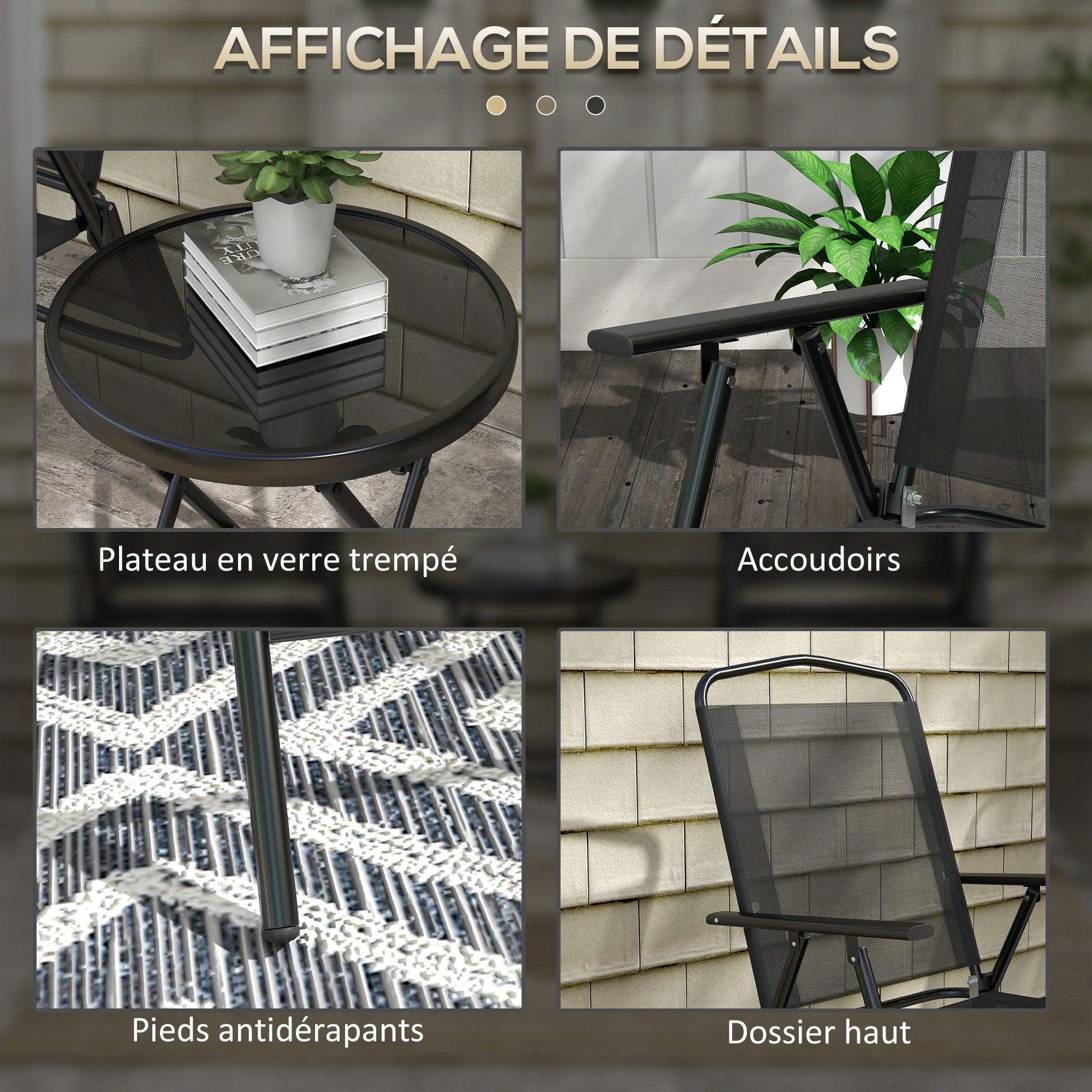 3-Piece Garden Bistro Set 2 Folding Chairs with Armrests + Round Glass Top Folding Coffee Table High Density Mesh Fabric Metal Epoxy