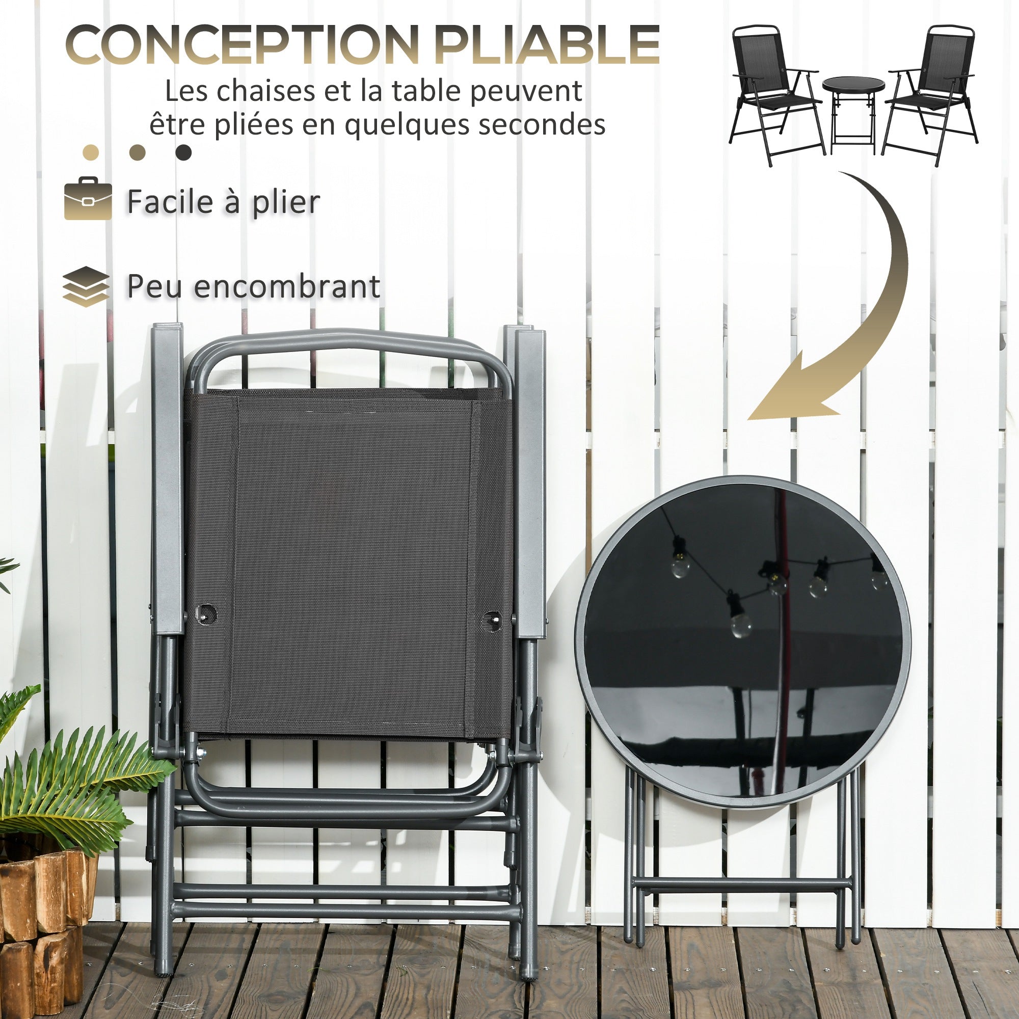 3-Piece Garden Bistro Set 2 Folding Chairs with Armrests + Round Glass Top Folding Coffee Table High Density Mesh Fabric Metal Epoxy