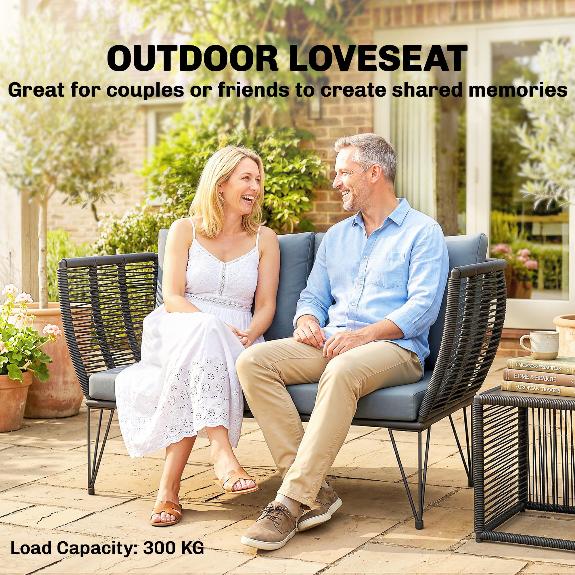 2-Seater Garden Sofa with Cushions – Outdoor/Balcony Rattan Sofa, 123 x 67 x 72 cm, Light Gray