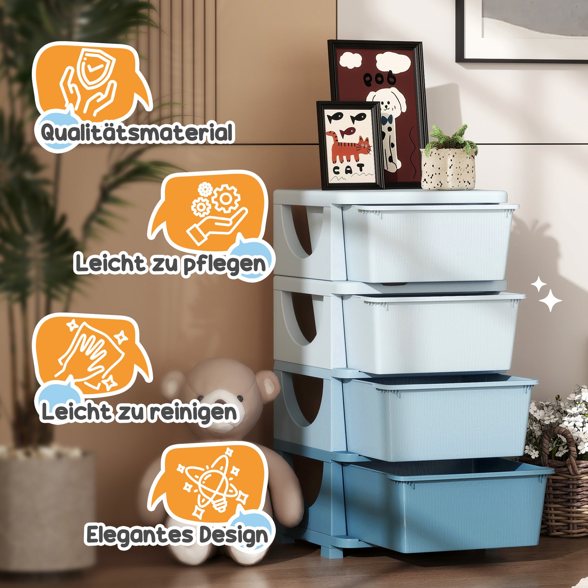 Drawer Cabinet for Kids with Storage Space, Storage Boxes Toy Organizer Toy Box Four Levels for Kids Room 3-6 Years Children's Furniture Blue 37 x 37 x 76 cm