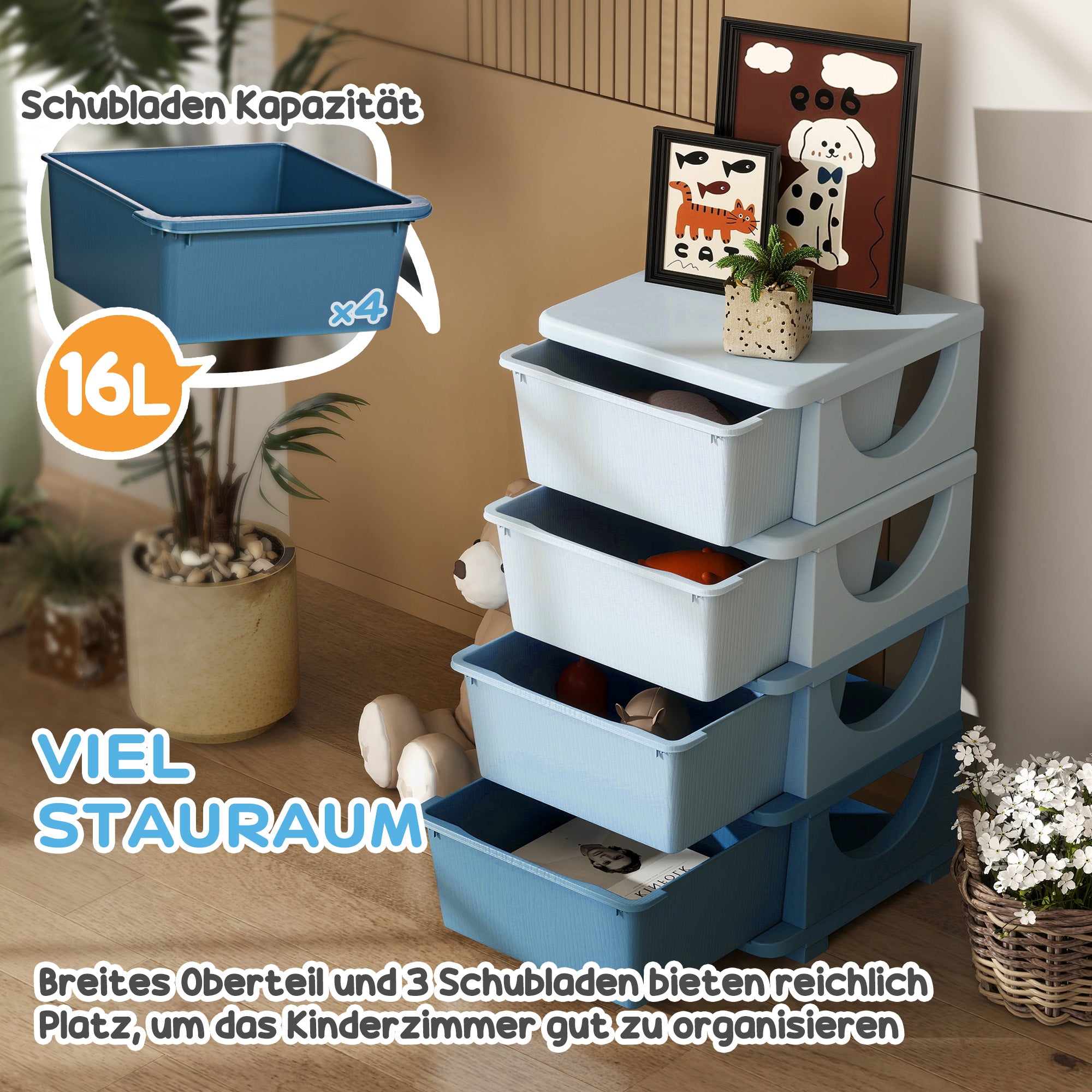 Drawer Cabinet for Kids with Storage Space, Storage Boxes Toy Organizer Toy Box Four Levels for Kids Room 3-6 Years Children's Furniture Blue 37 x 37 x 76 cm