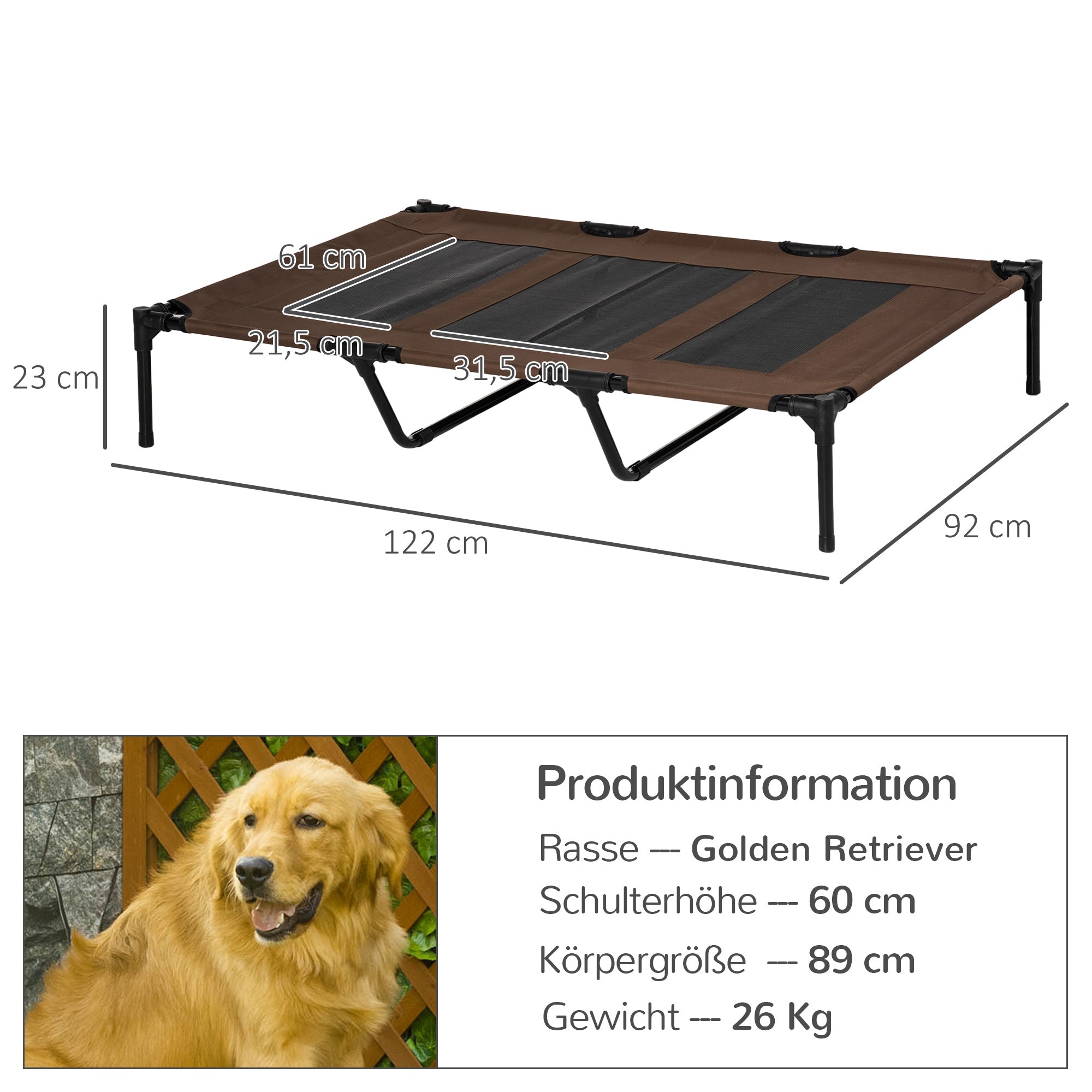 Elevated Dog Bed Outdoor, Cooling Pet Cot for Large Dogs, Washable Mesh with Sturdy Metal Frame, Pet Bed for Travel Garden Outdoor, 122 x 92 x 23 cm, Coffee Brown